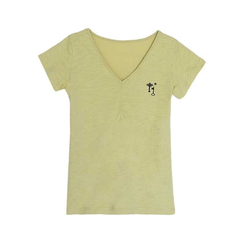 innomoood_Solid_Ruched_Embroidered_Key_V-neck_Women&
