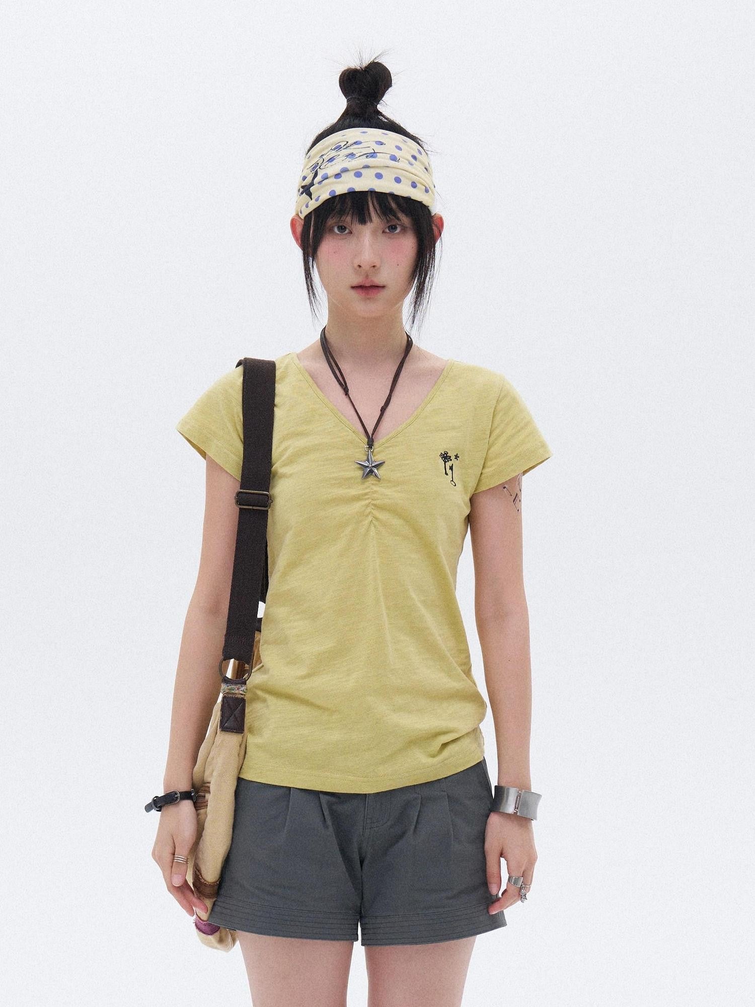 innomoood Solid Ruched Embroidered Key V-neck Women&
