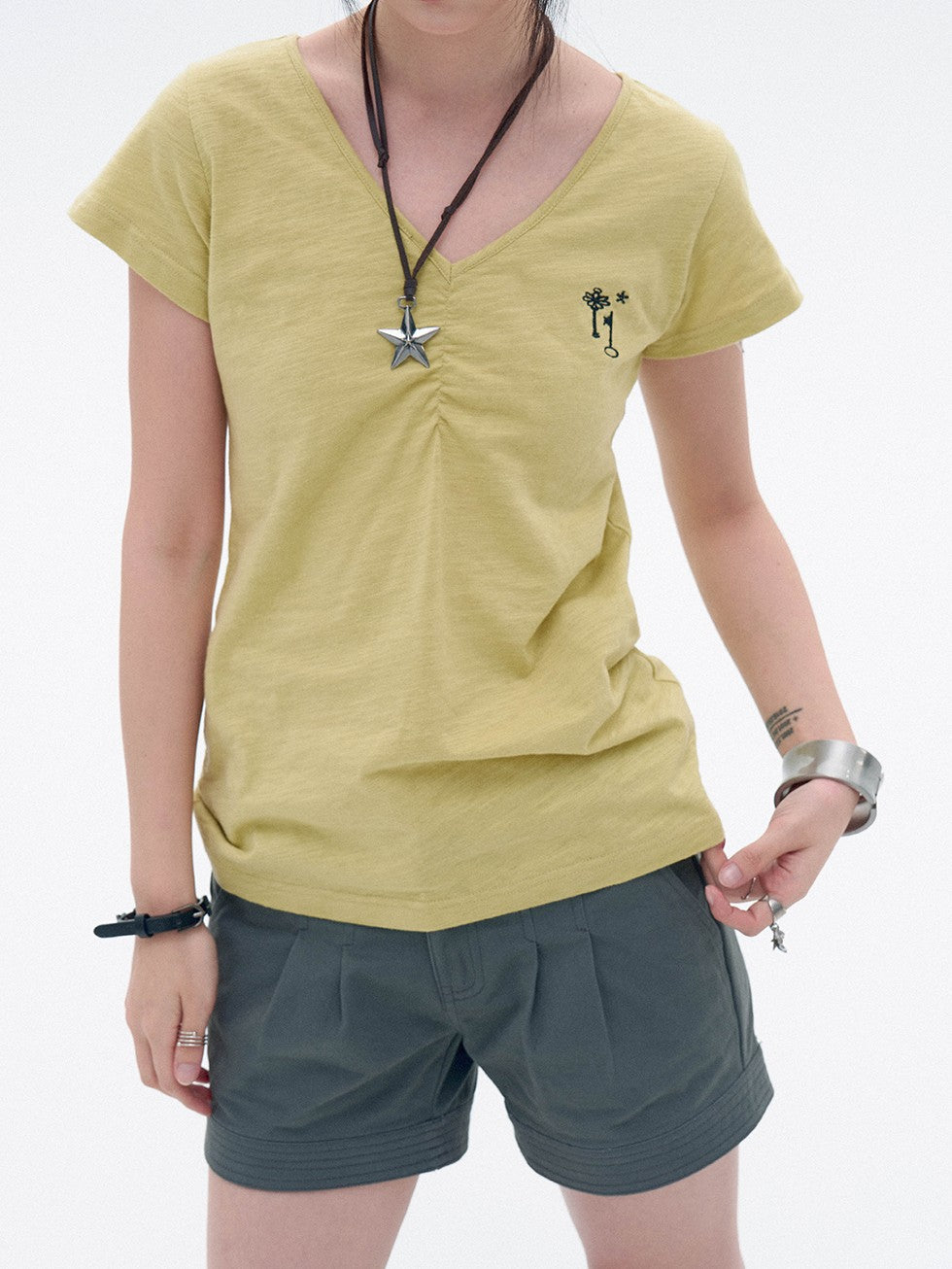 innomoood Solid Ruched Embroidered Key V-neck Women&