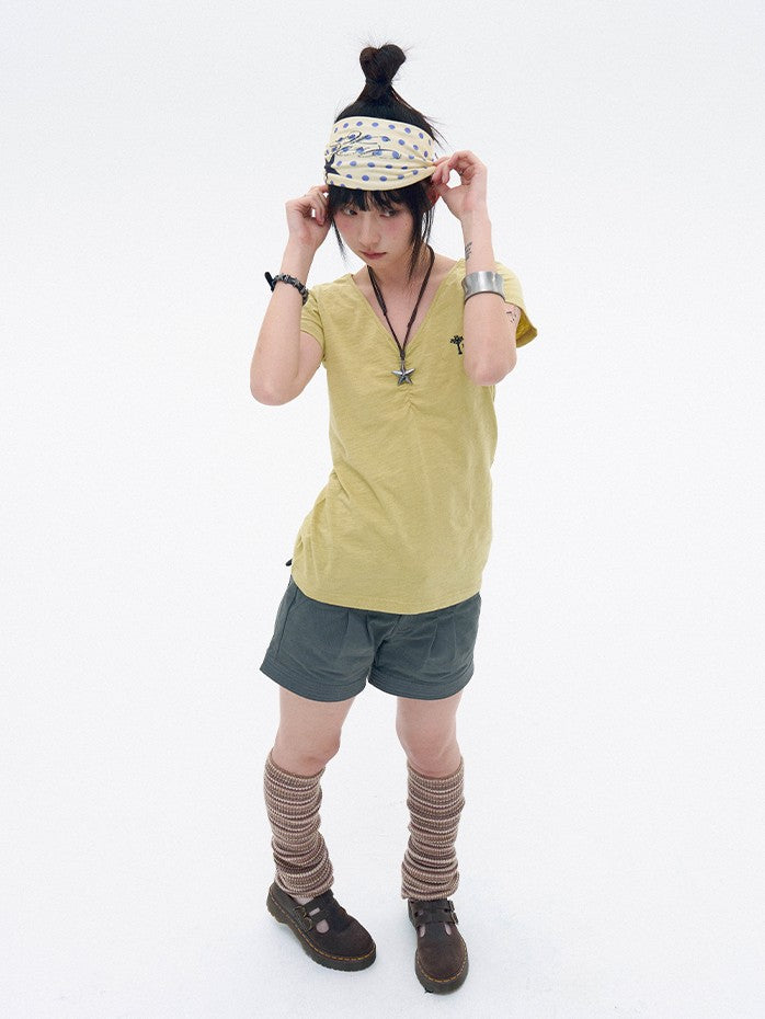 innomoood Solid Ruched Embroidered Key V-neck Women&