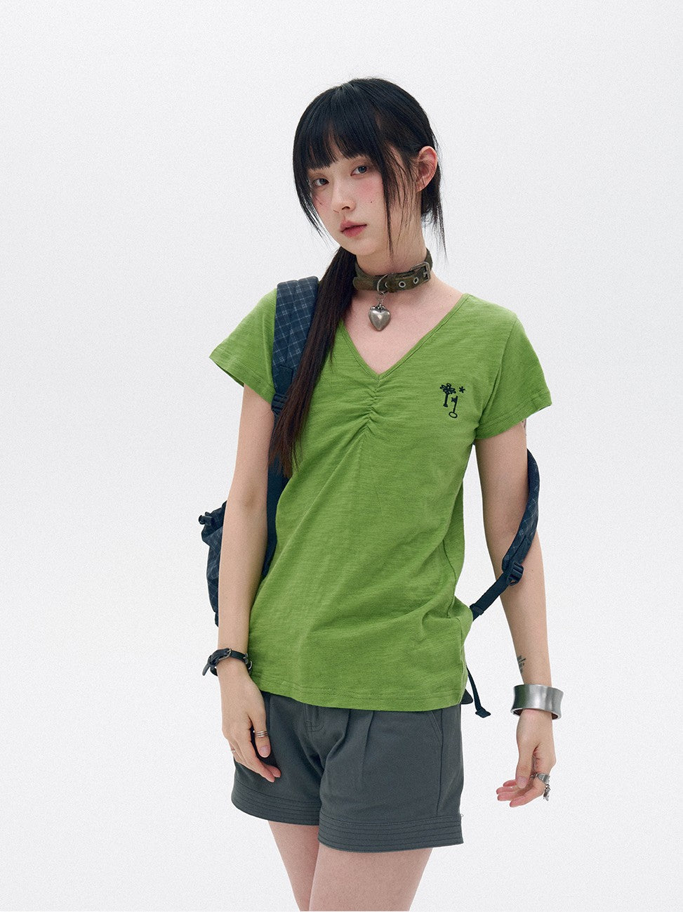 innomoood Solid Ruched Embroidered Key V-neck Women&