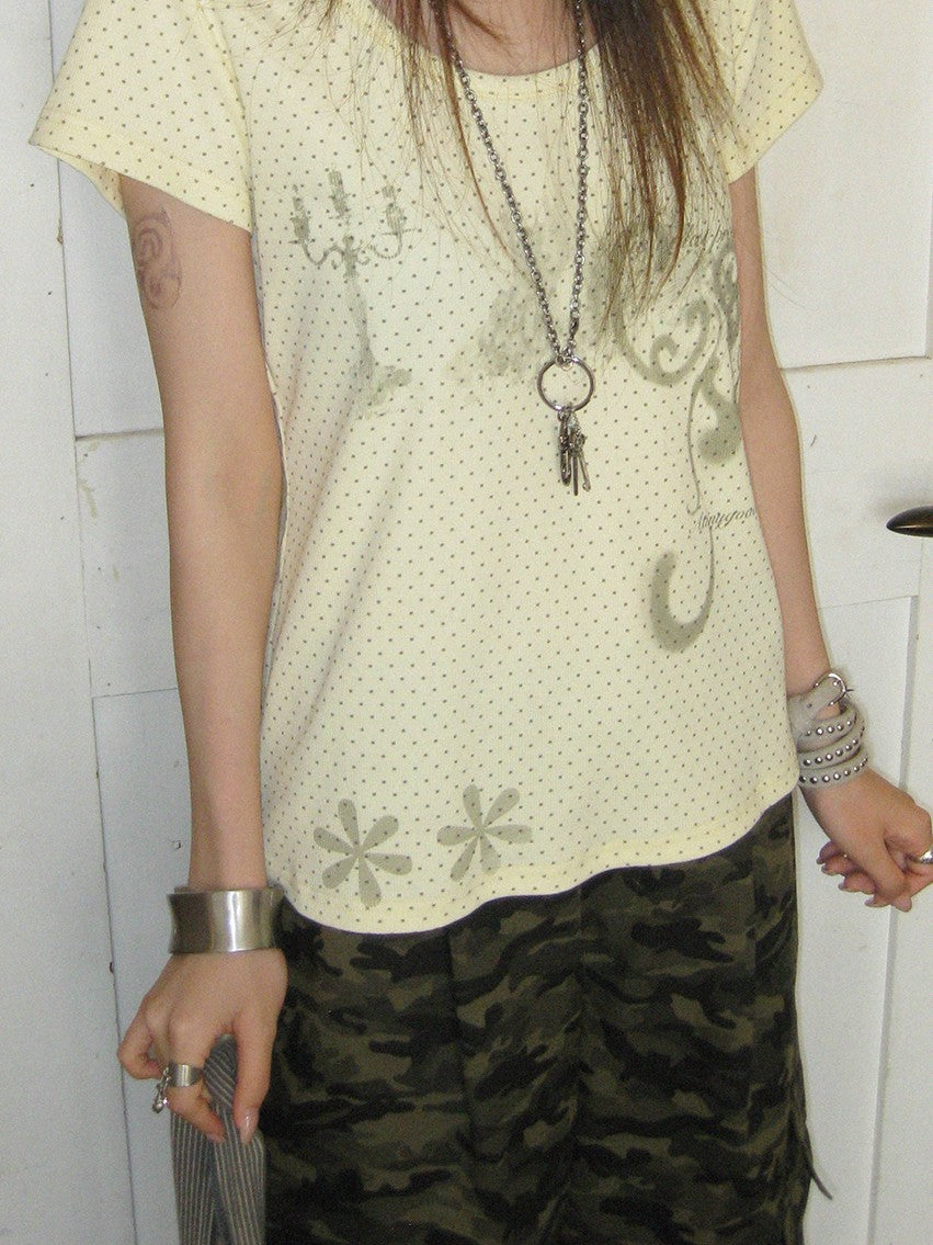 innomoood Stamp Polka Dot Print Vintage Wide Round Neck Women&