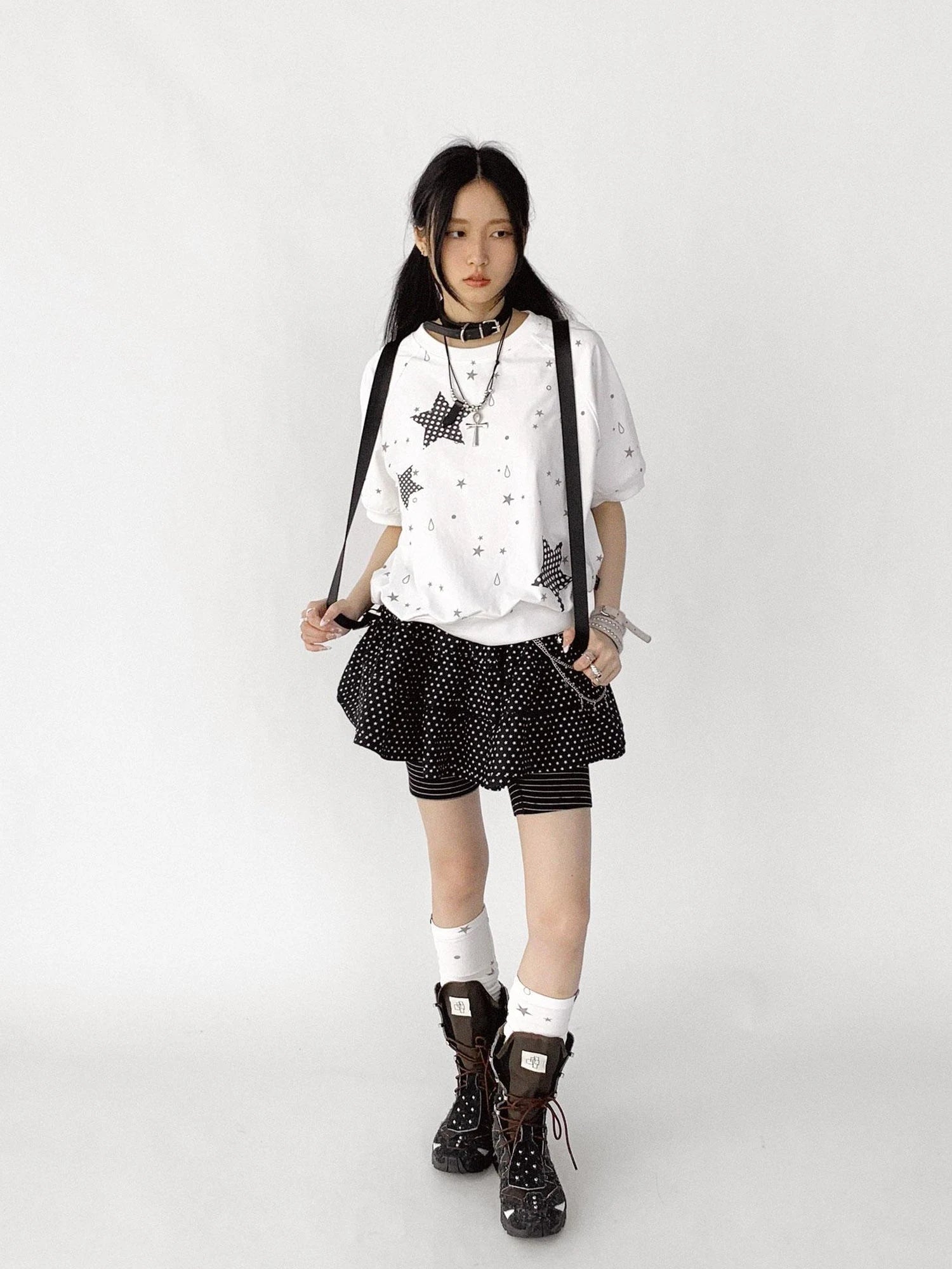 Star Drip Print Bubble Sleeve Tee