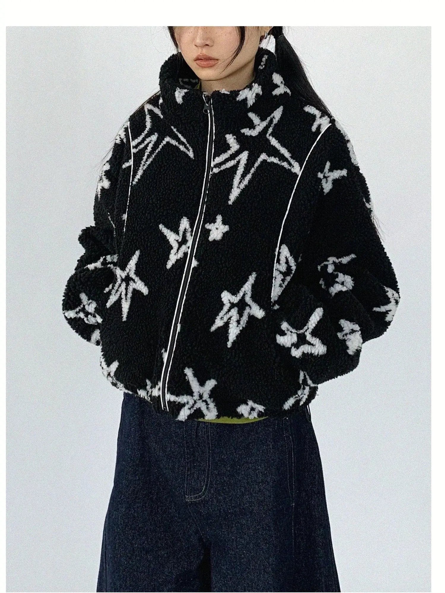 Star Embroidered Collar Scarf Shearling Cropped Jacket