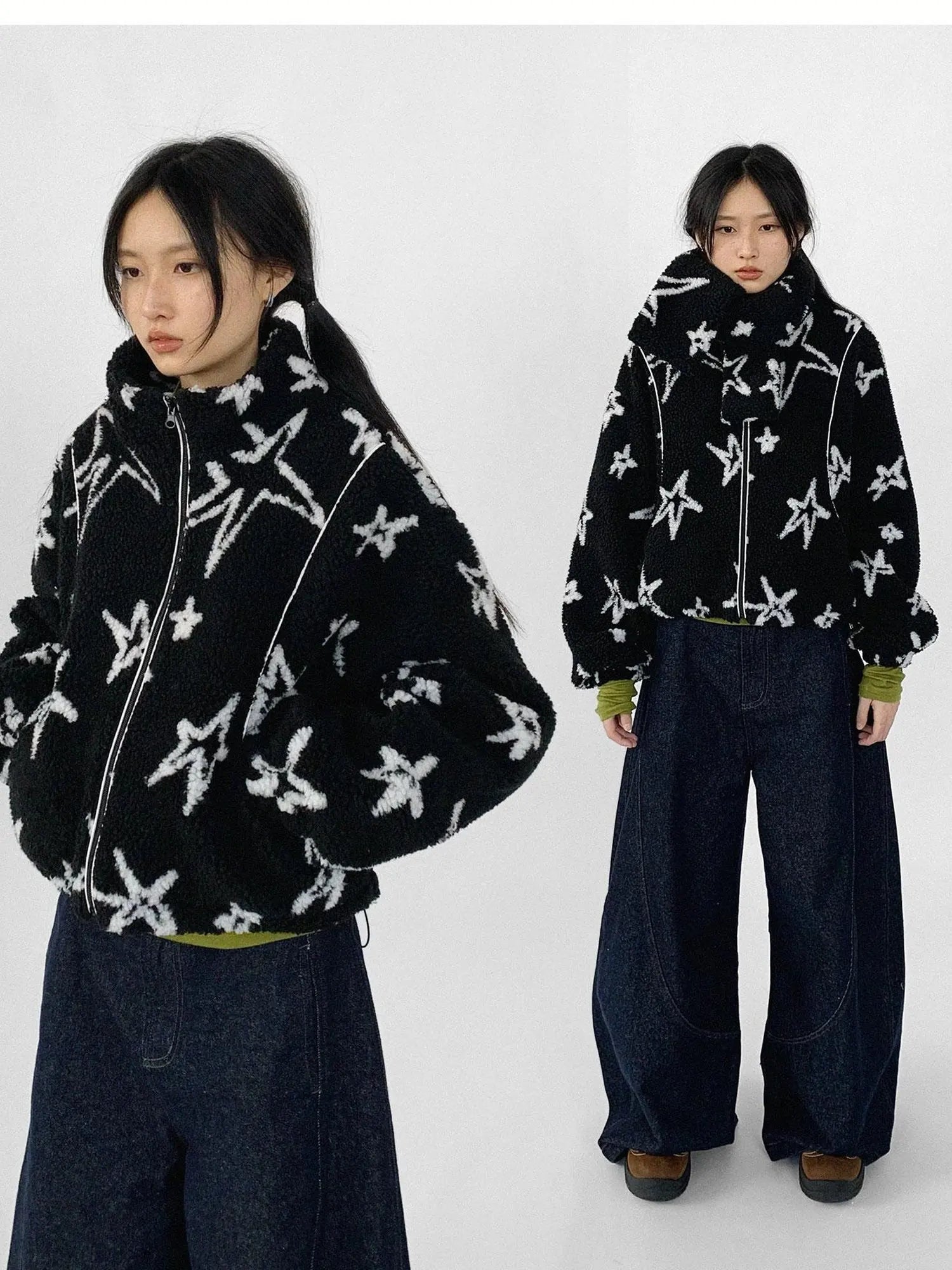 Star Embroidered Collar Scarf Shearling Cropped Jacket