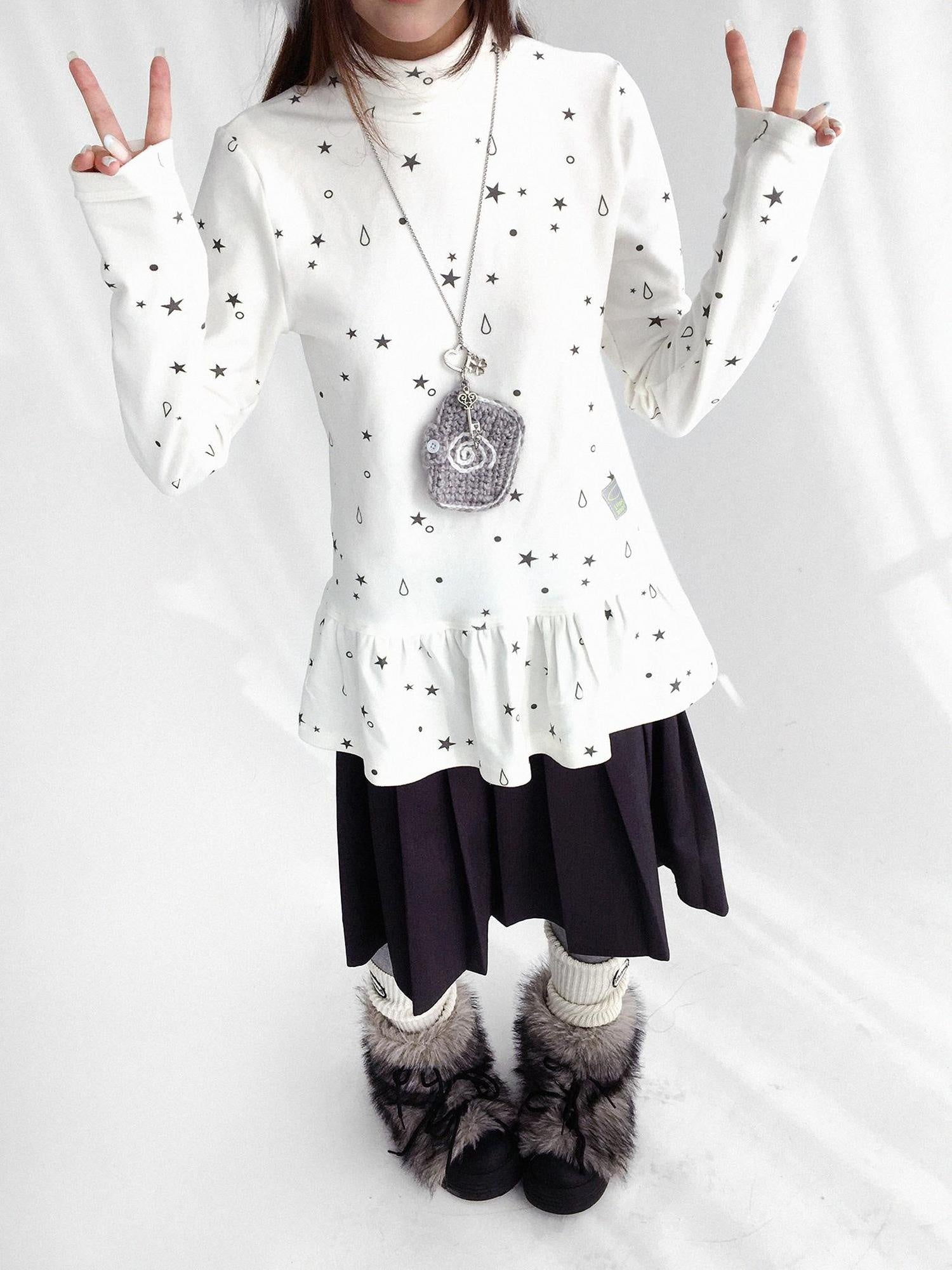 innomoood Star Teardrop Printed Striped High Neck Long Sleeve Women Casual T-Shirt