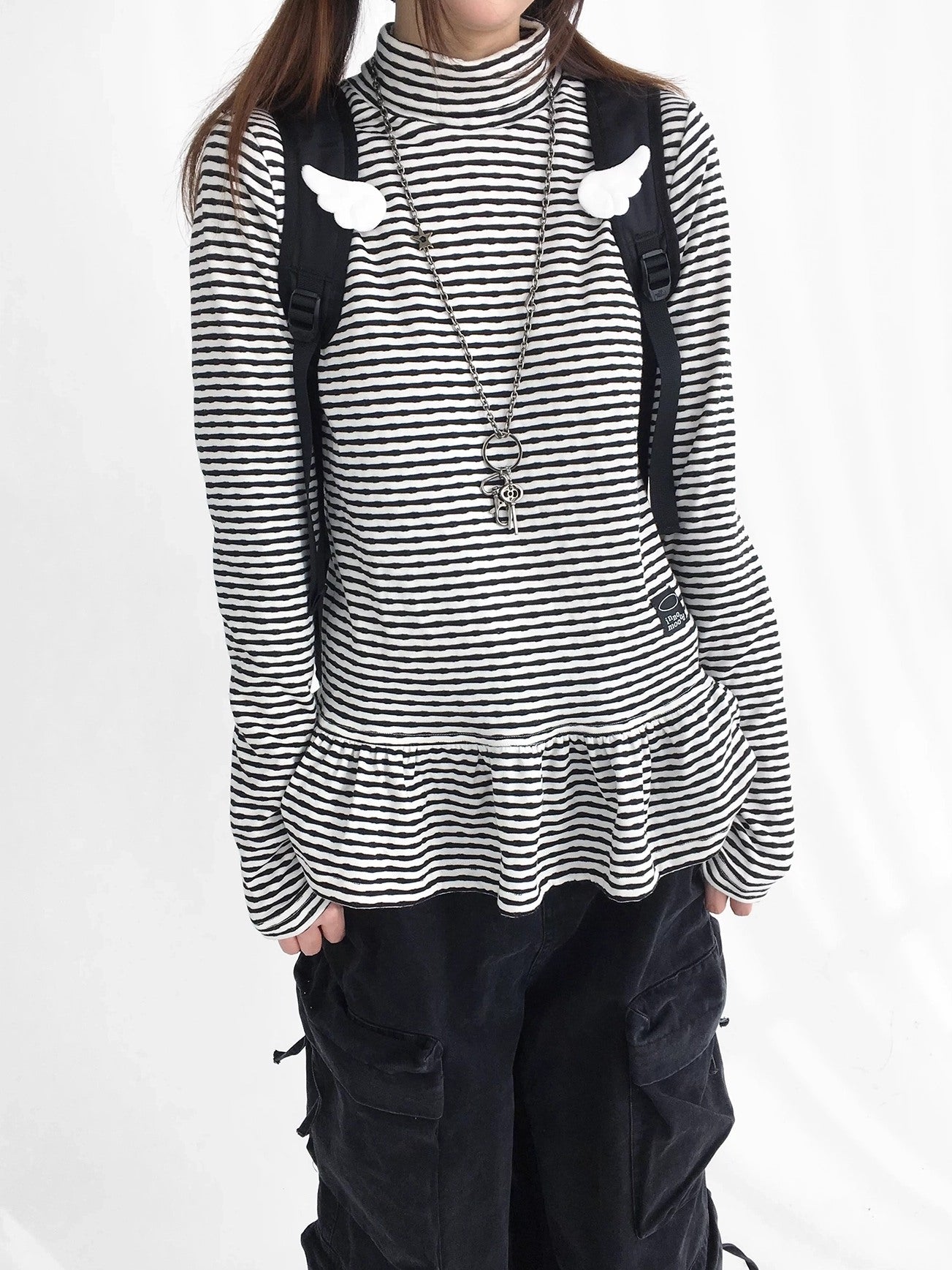 innomoood Star Teardrop Printed Striped High Neck Long Sleeve Women Casual T-Shirt