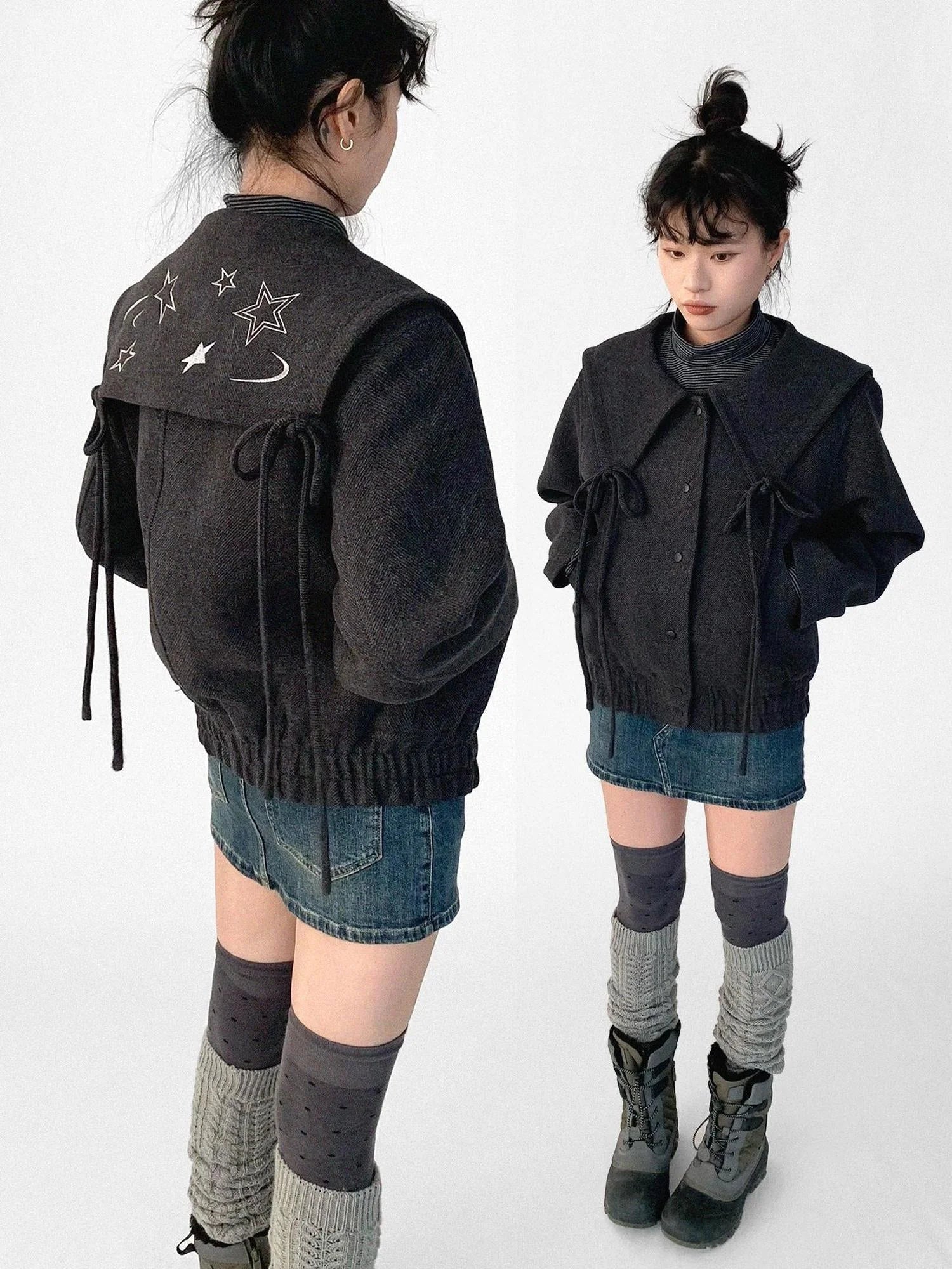 Stone Skipping Embroidered Star Wool Blend Pea Coat