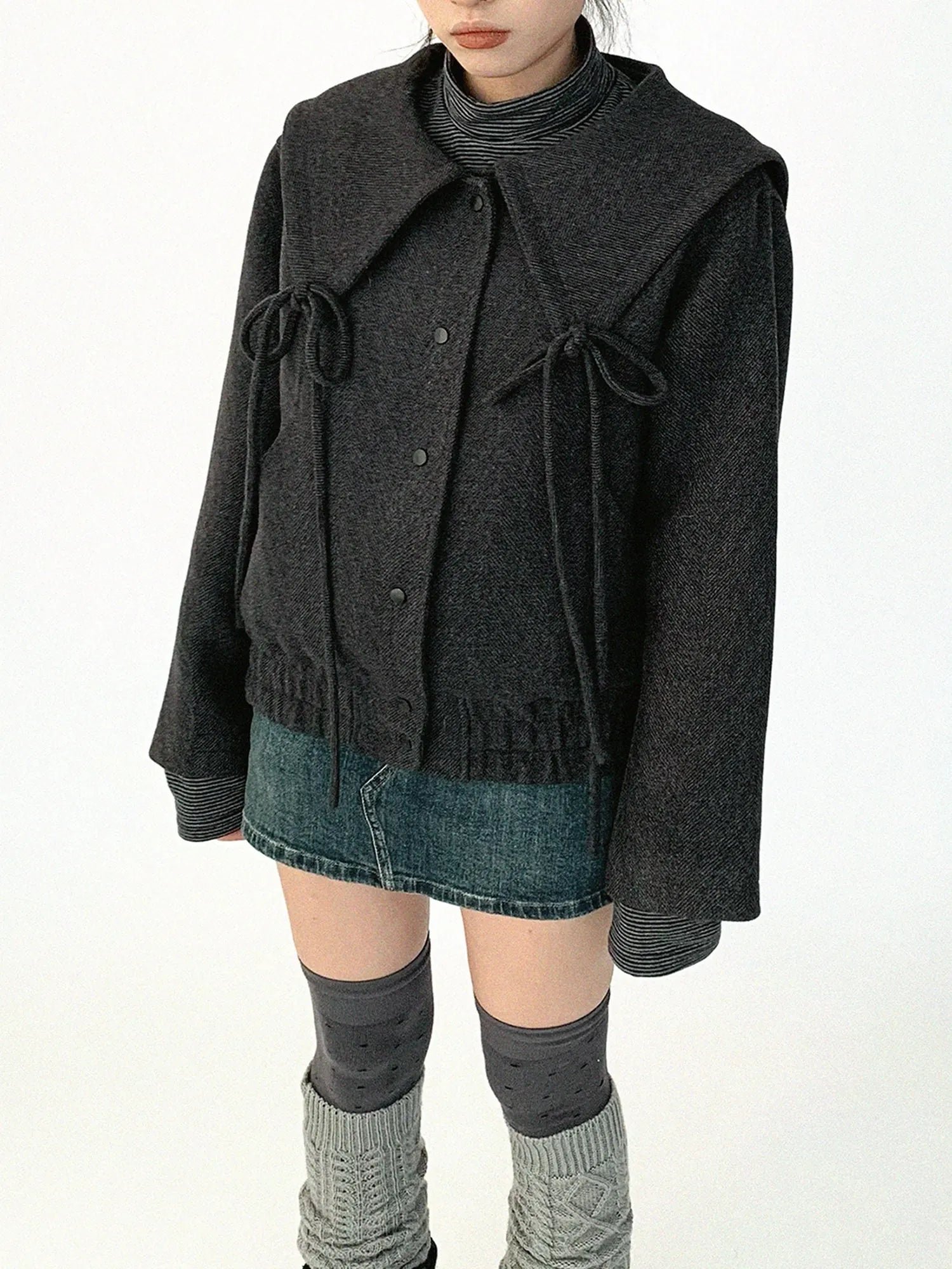 Stone Skipping Embroidered Star Wool Blend Pea Coat