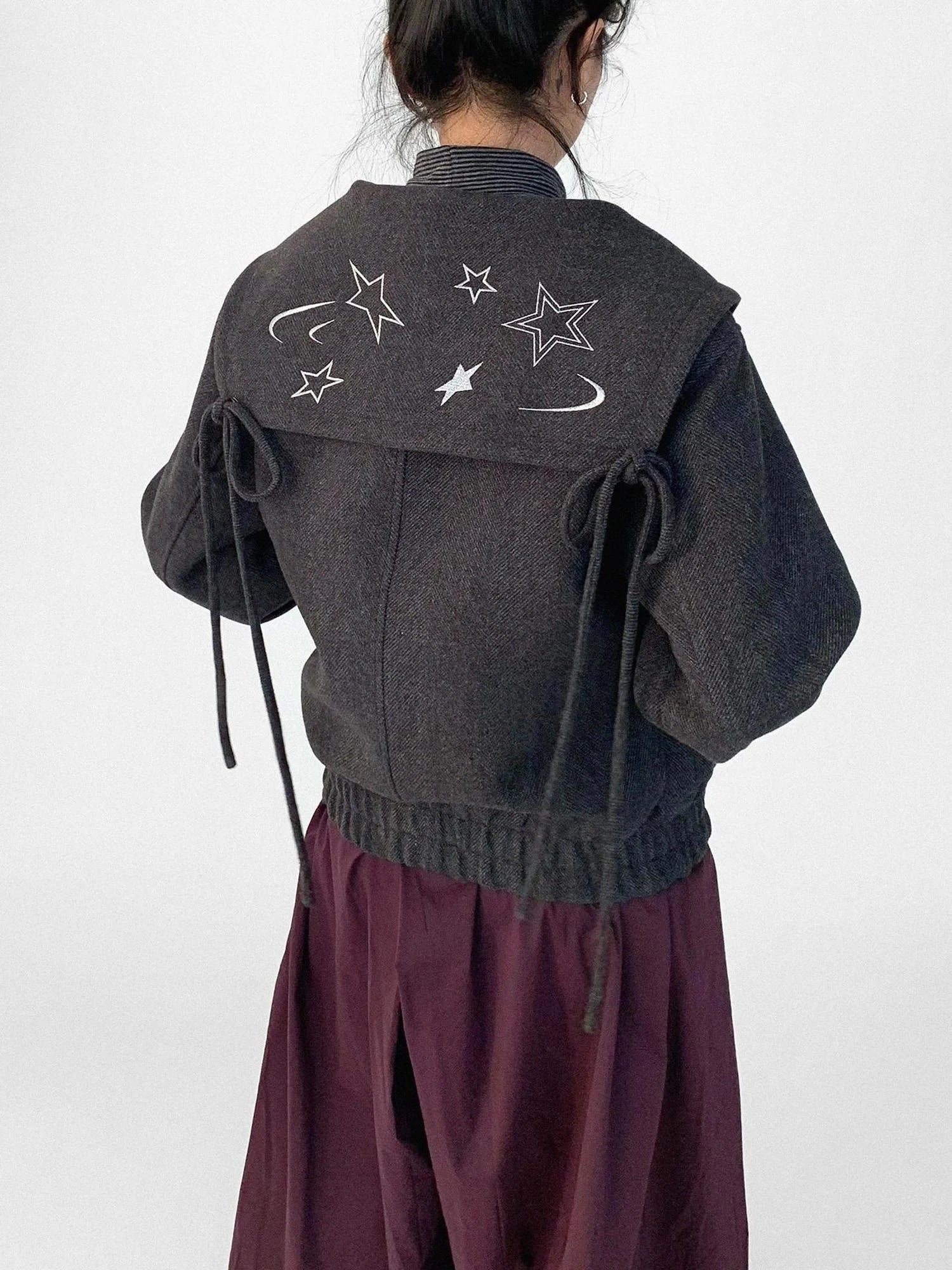 Stone Skipping Embroidered Star Wool Blend Pea Coat