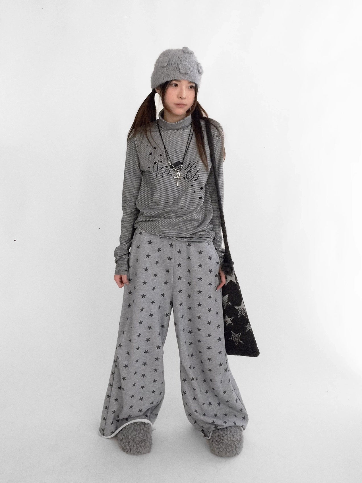 innomoood Stretch Cotton Printed High Neck Striped Straight Fit Long Sleeve Women T-Shirt