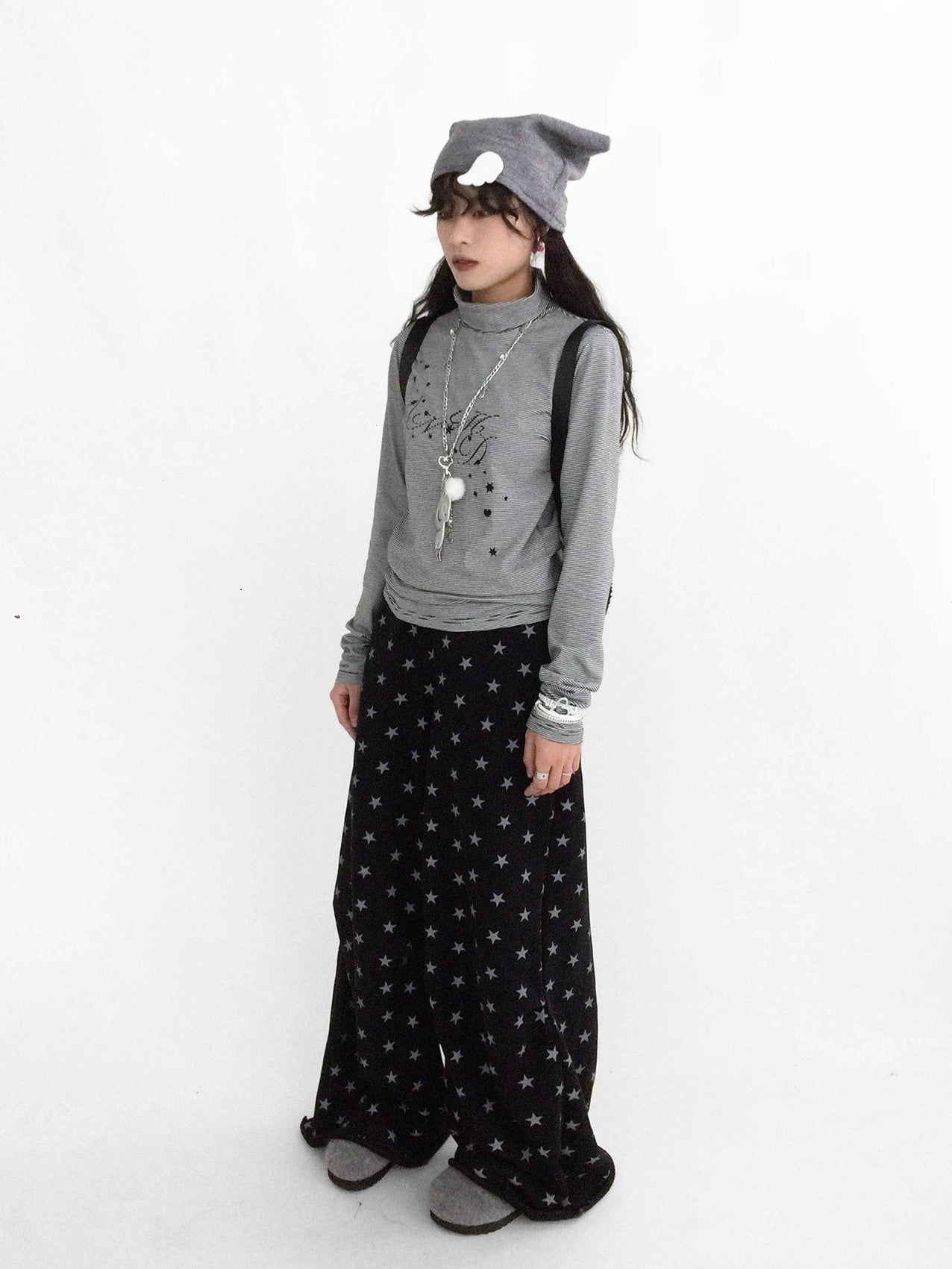 innomoood Stretch Cotton Printed High Neck Striped Straight Fit Long Sleeve Women T-Shirt