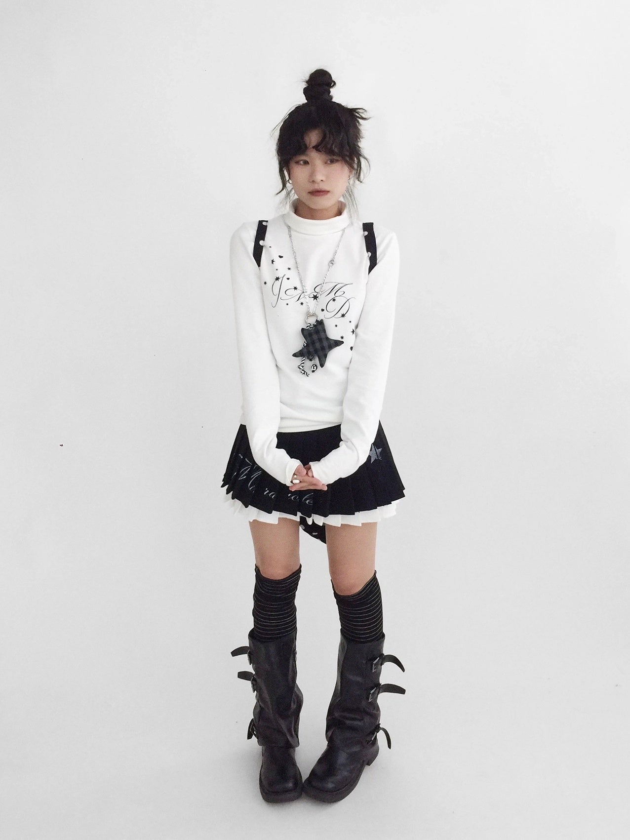 innomoood Stretch Cotton Printed High Neck Striped Straight Fit Long Sleeve Women T-Shirt