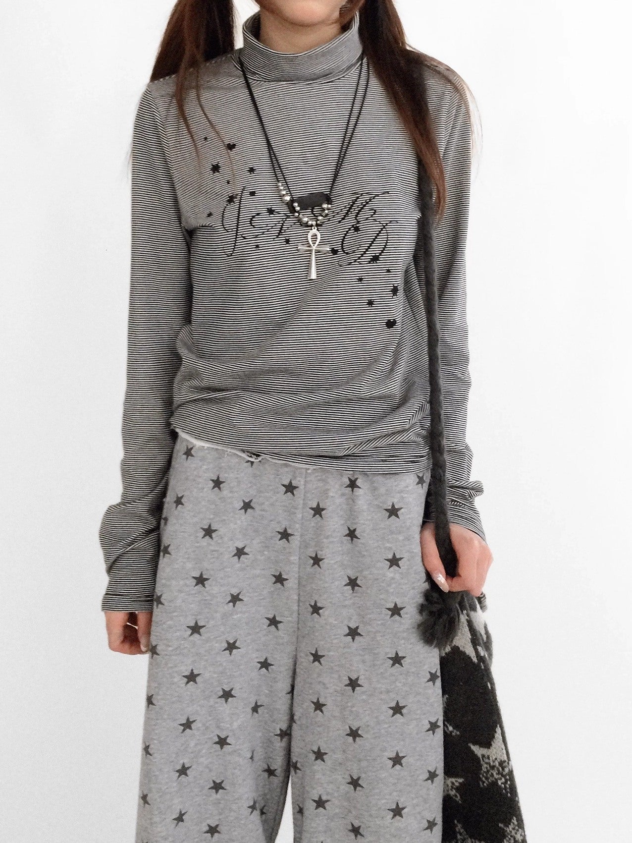 innomoood Stretch Cotton Printed High Neck Striped Straight Fit Long Sleeve Women T-Shirt