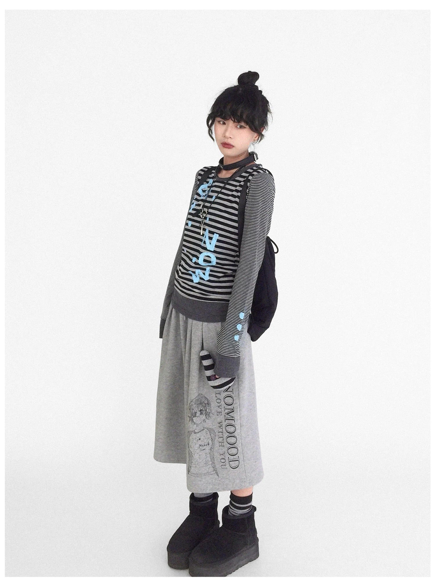 Striped Patchwork Tee Blue Distressed Print Long Sleeve