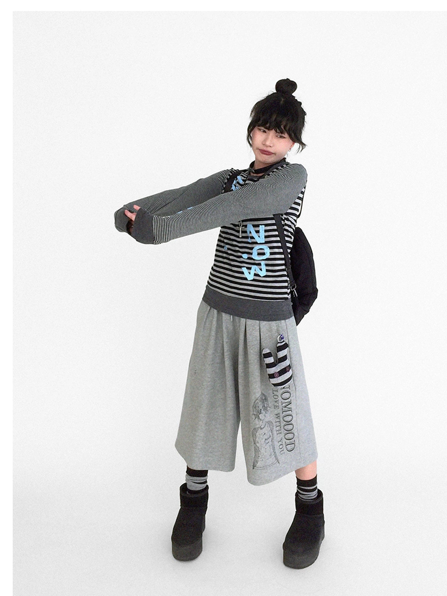 Striped Patchwork Tee Blue Distressed Print Long Sleeve