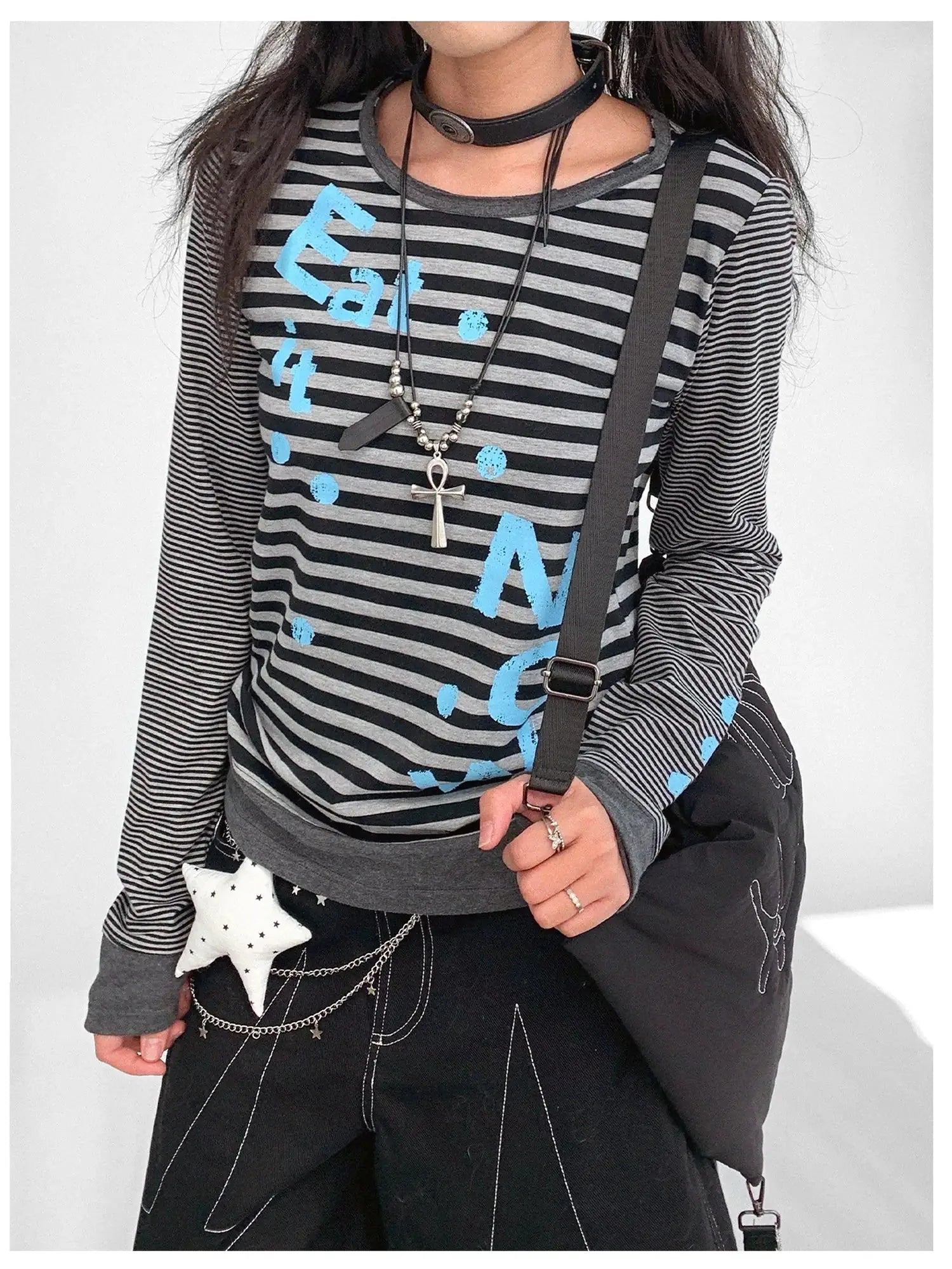 Striped Patchwork Tee Blue Distressed Print Long Sleeve