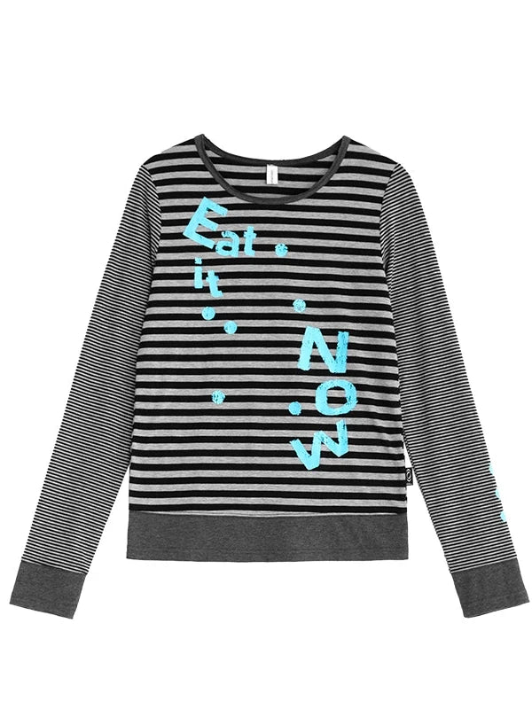 Striped Patchwork Tee Blue Distressed Print Long Sleeve