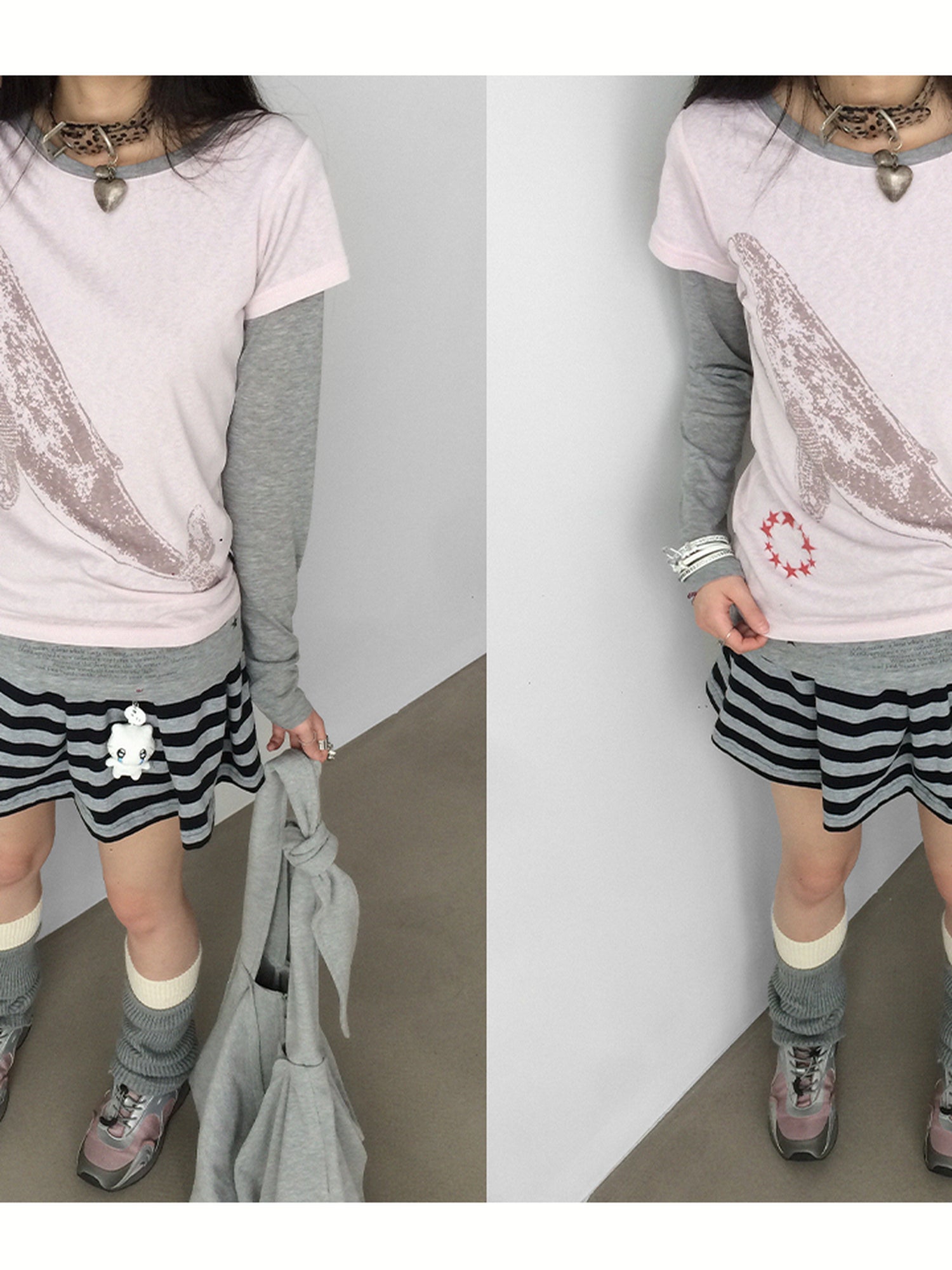 innomoood Striped Pleated Knit Miniskirt with Ribbed Waist
