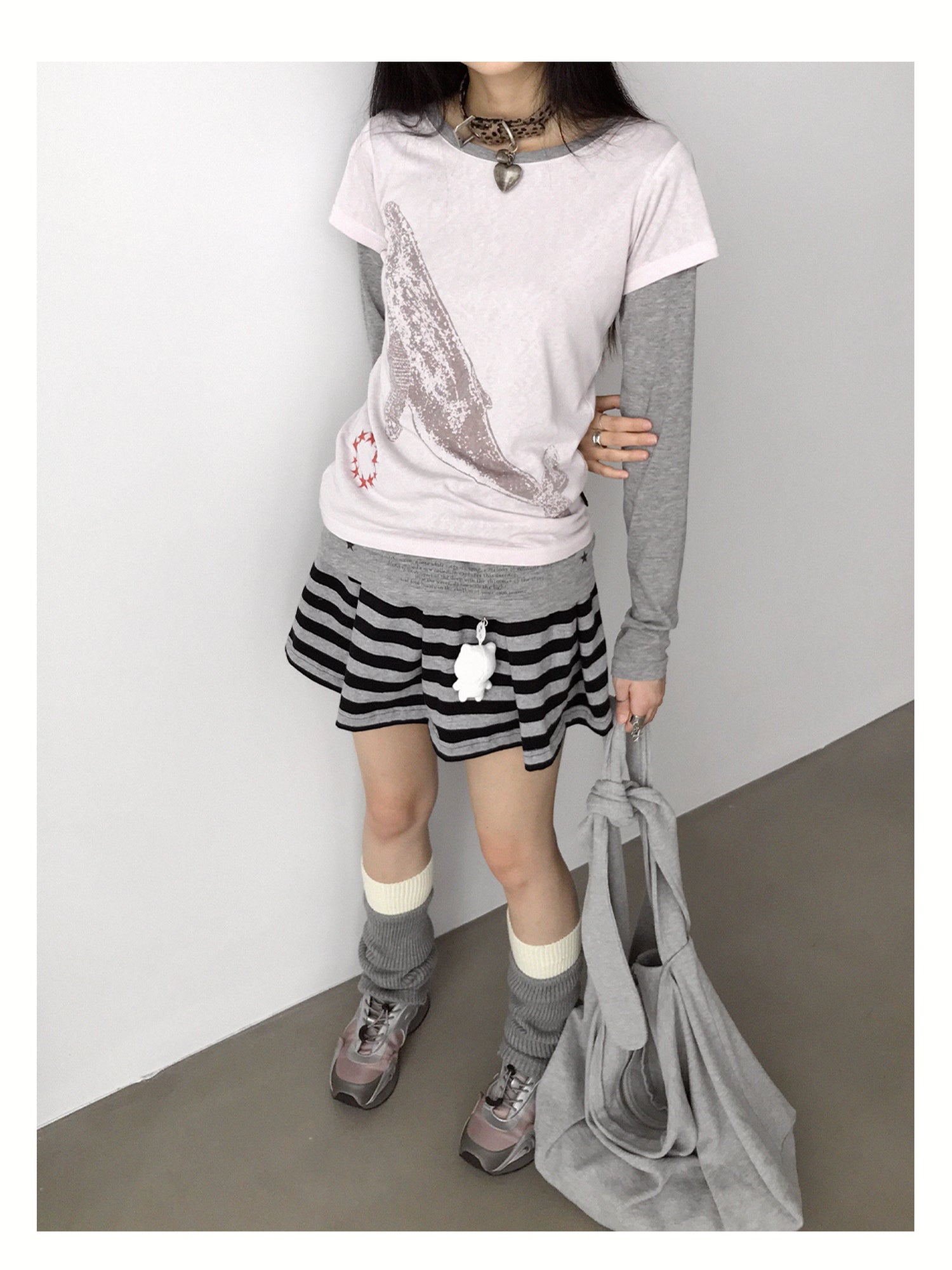 innomoood Striped Pleated Knit Miniskirt with Ribbed Waist