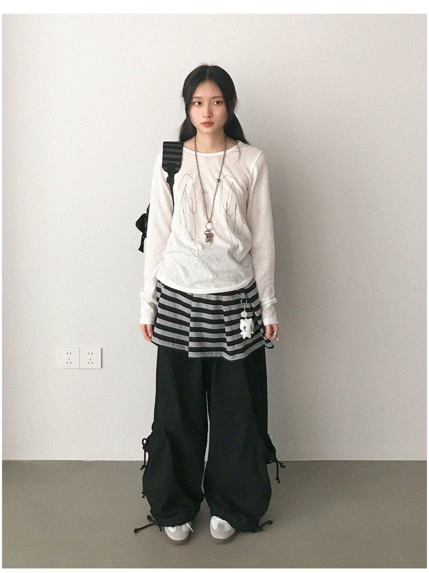 innomoood Striped Pleated Knit Miniskirt with Ribbed Waist