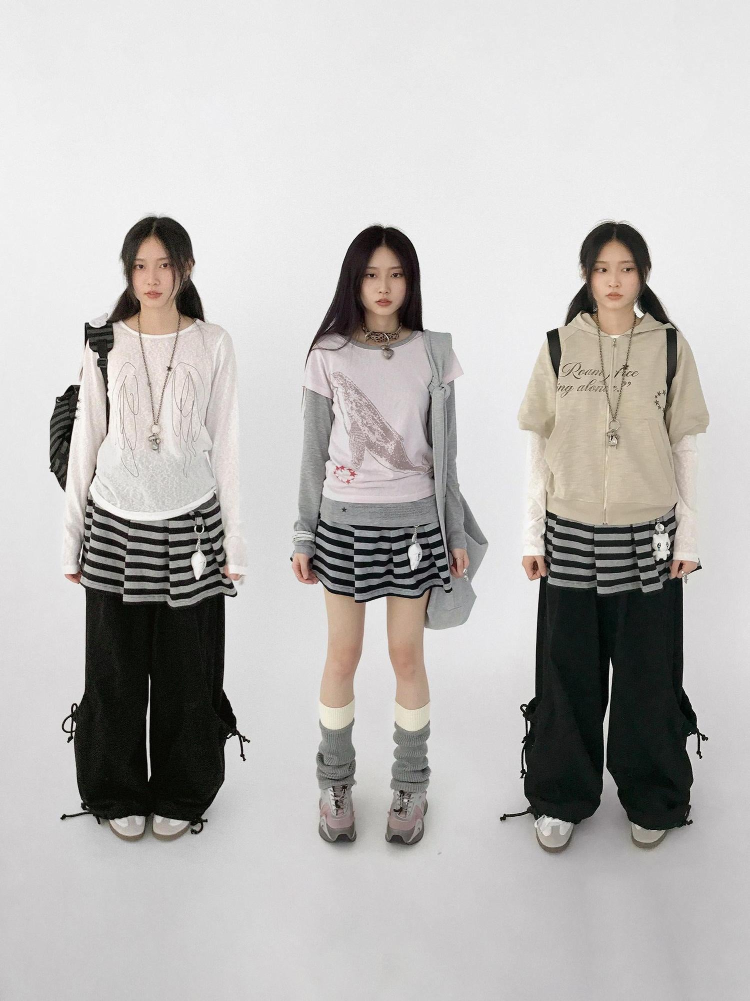 innomoood Striped Pleated Knit Miniskirt with Ribbed Waist