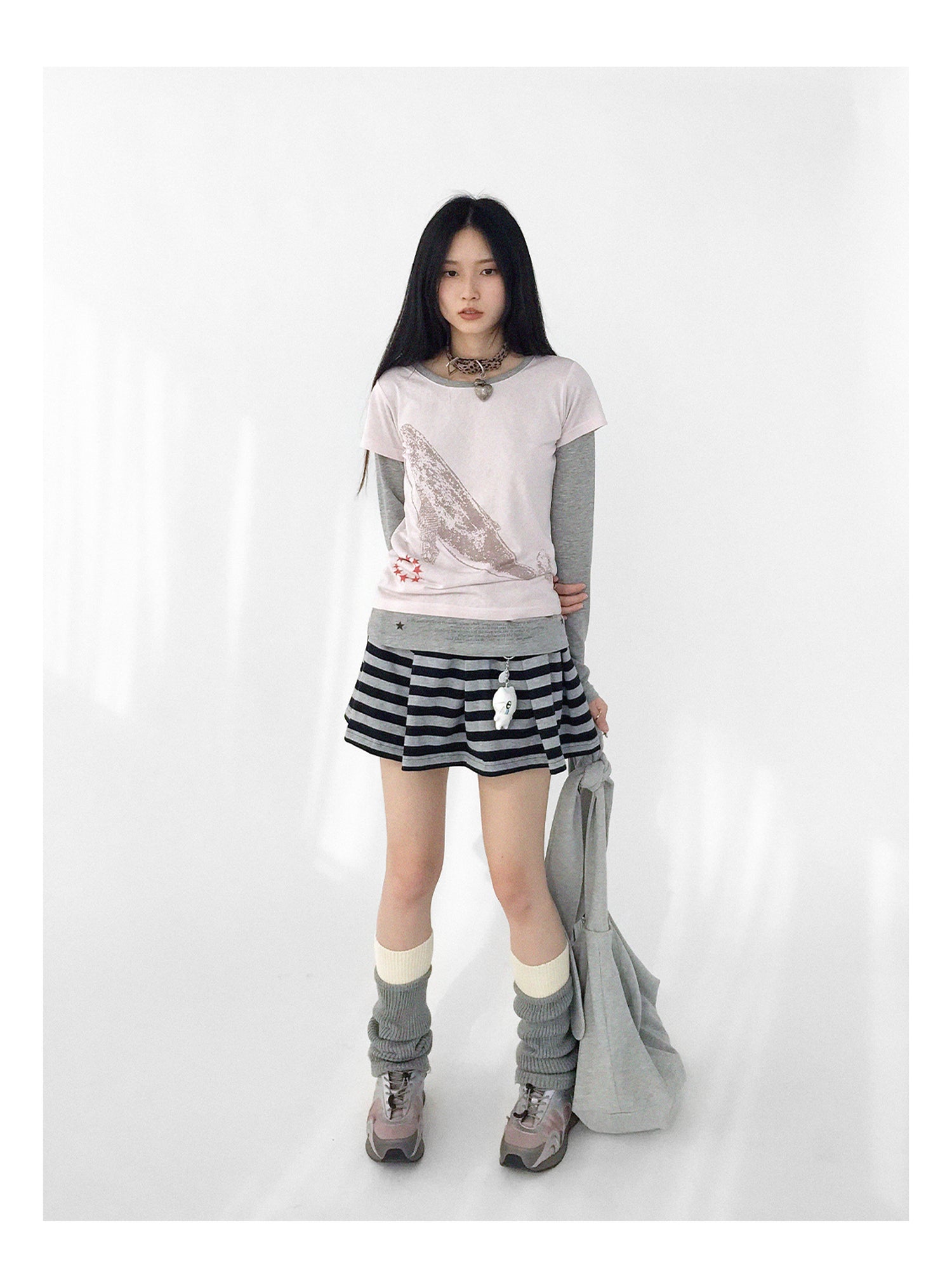 innomoood Striped Pleated Knit Miniskirt with Ribbed Waist