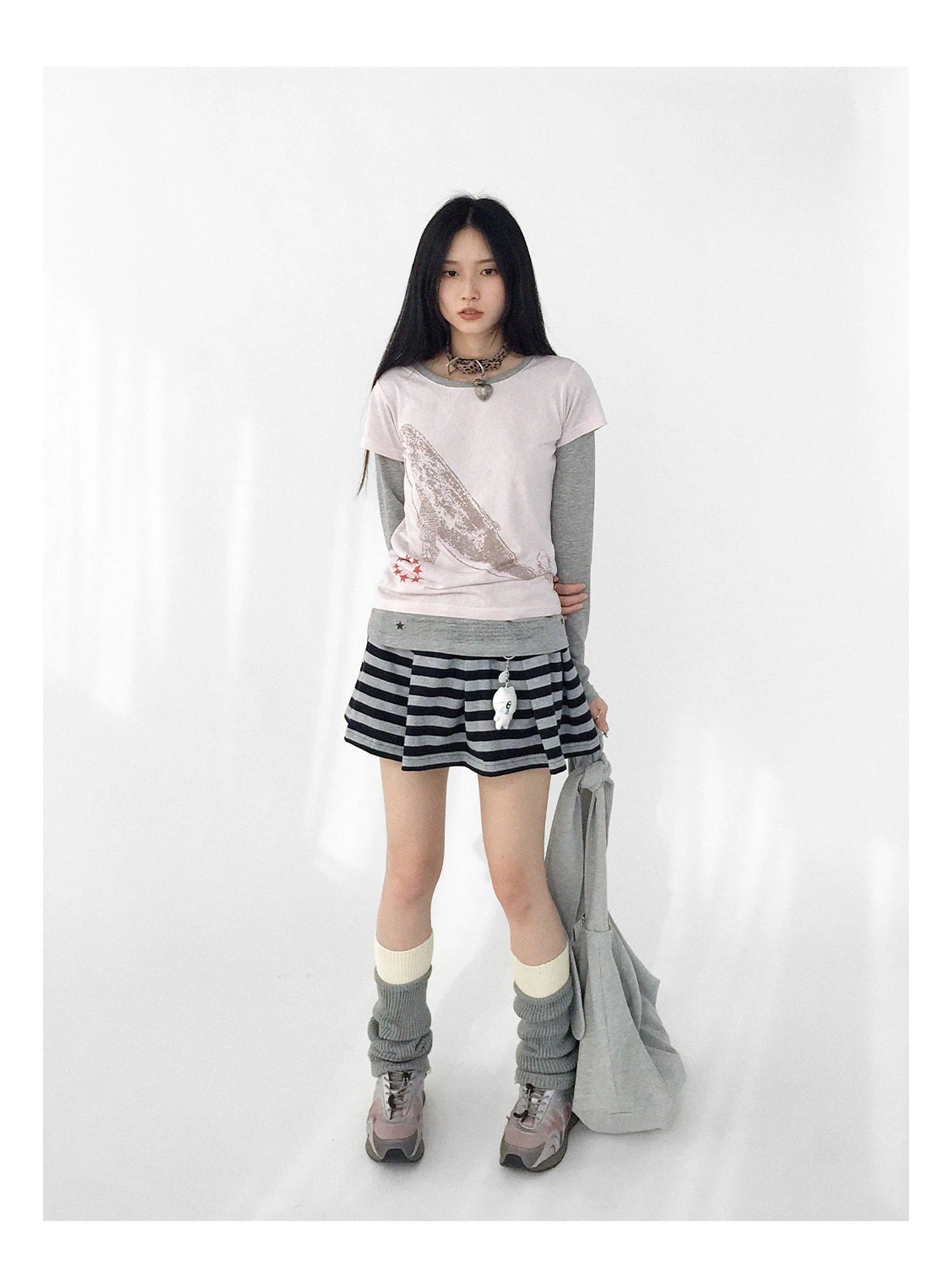 Striped Pleated Knit Miniskirt with Ribbed Waist