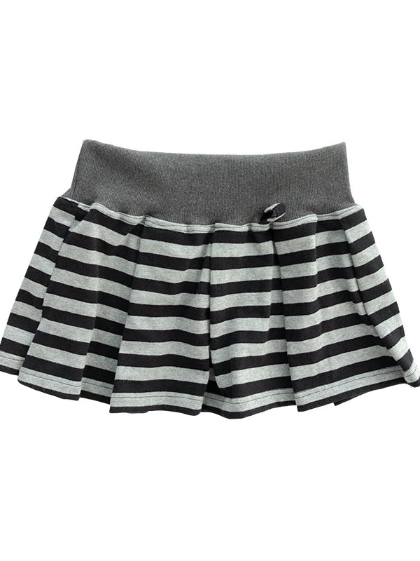 Striped Pleated Knit Miniskirt with Ribbed Waist