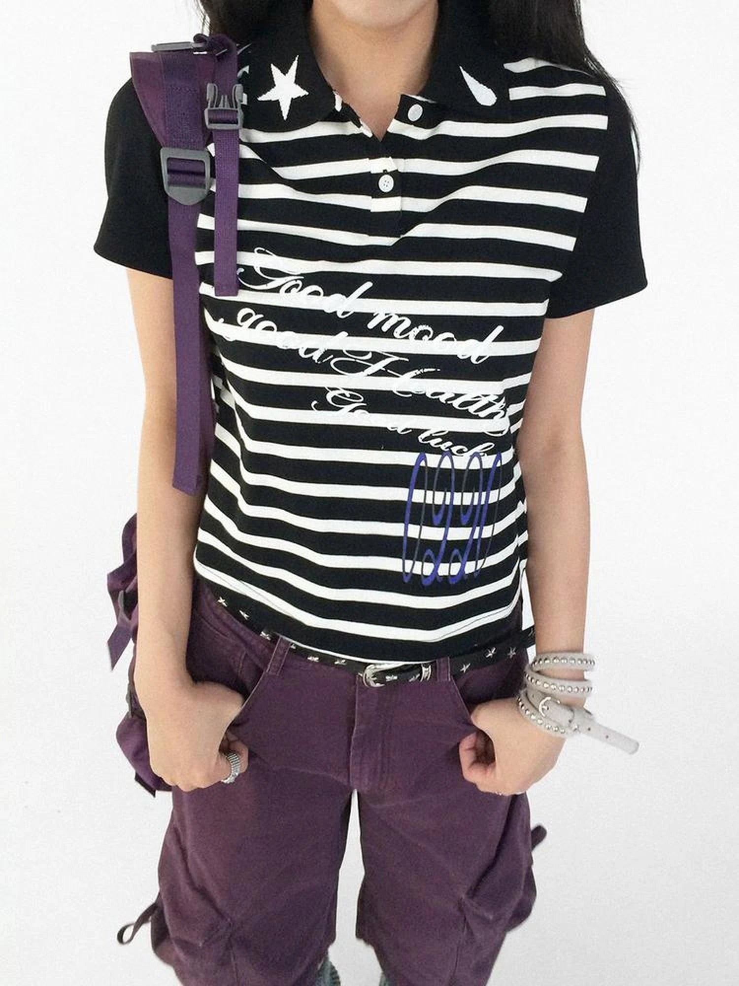 Striped Polo Star Print Collar Relaxed Fit Tee