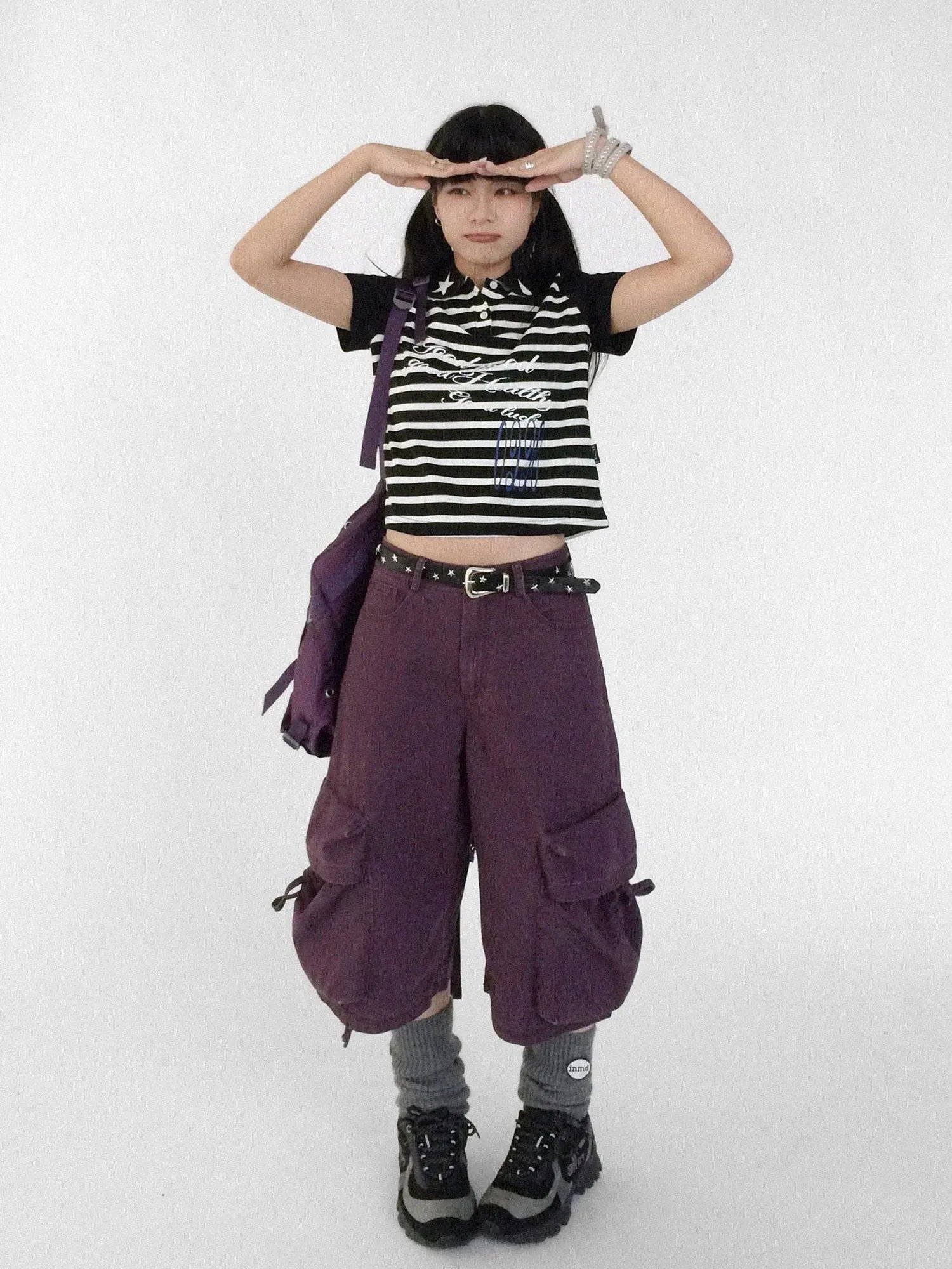 Striped Polo Star Print Collar Relaxed Fit Tee