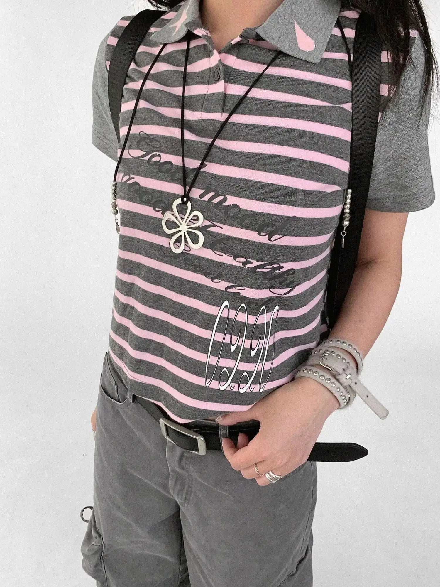 Striped Polo Star Print Collar Relaxed Fit Tee