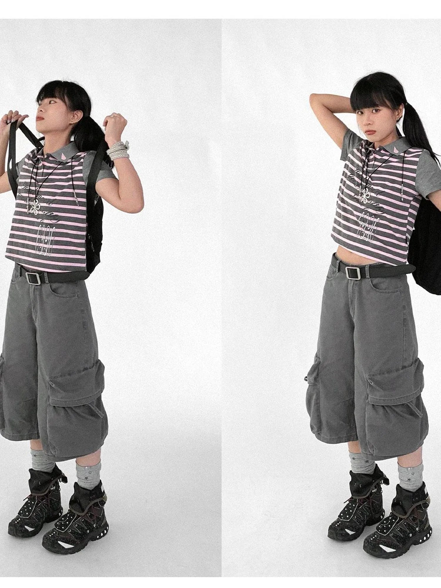 Striped Polo Star Print Collar Relaxed Fit Tee