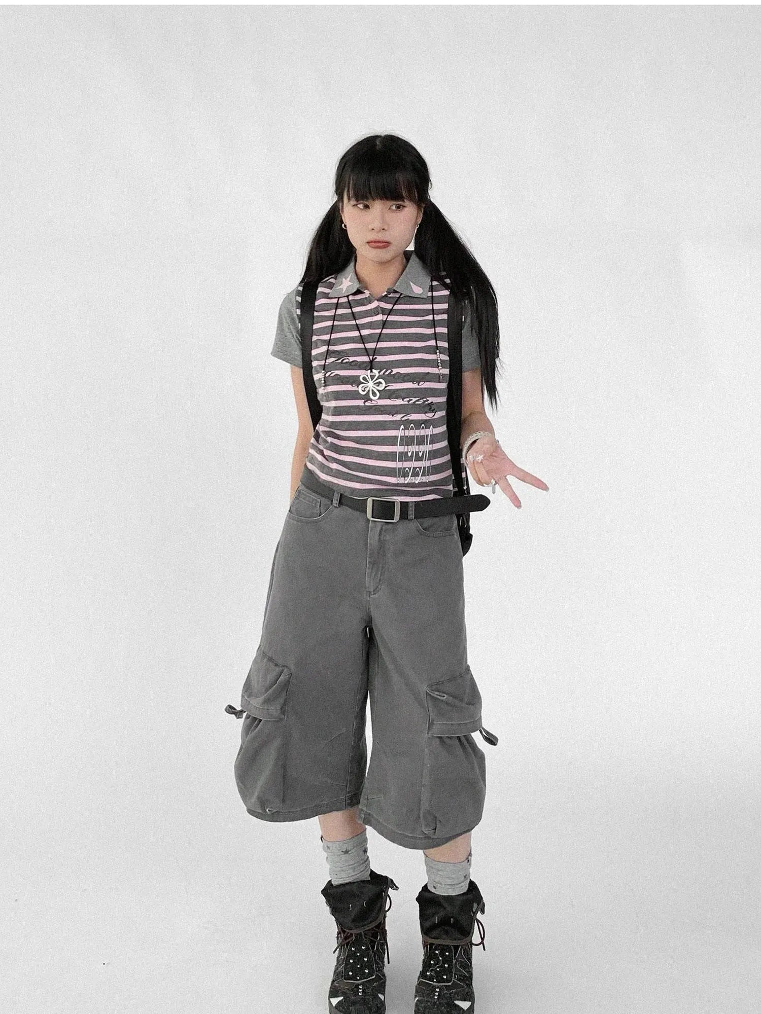 Striped Polo Star Print Collar Relaxed Fit Tee