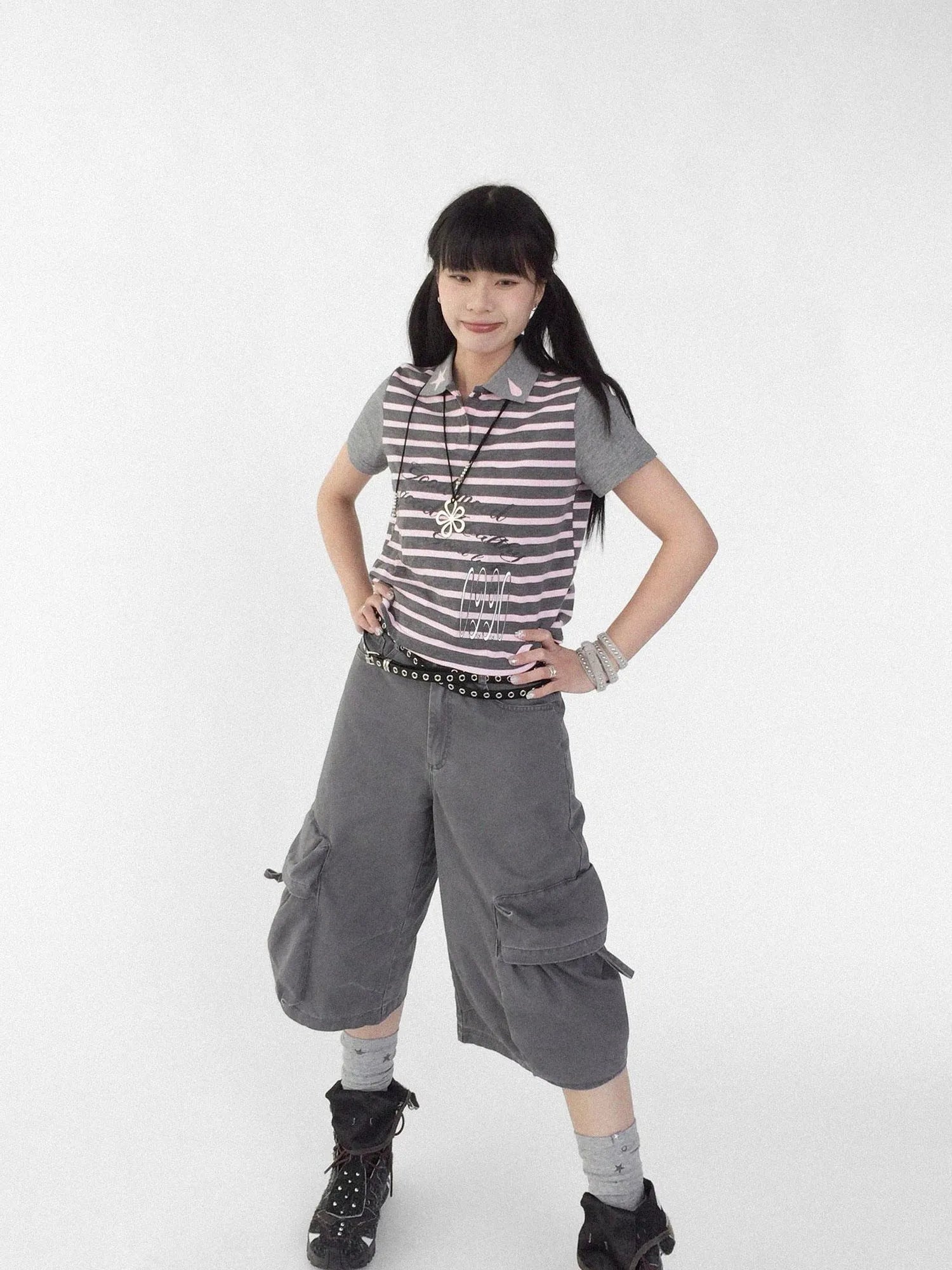 Striped Polo Star Print Collar Relaxed Fit Tee