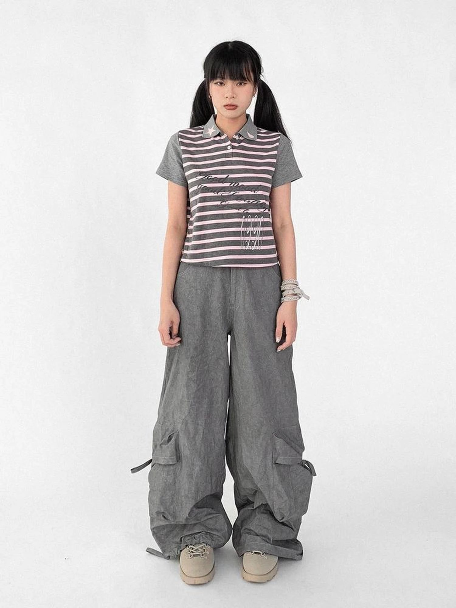 Striped Polo Star Print Collar Relaxed Fit Tee