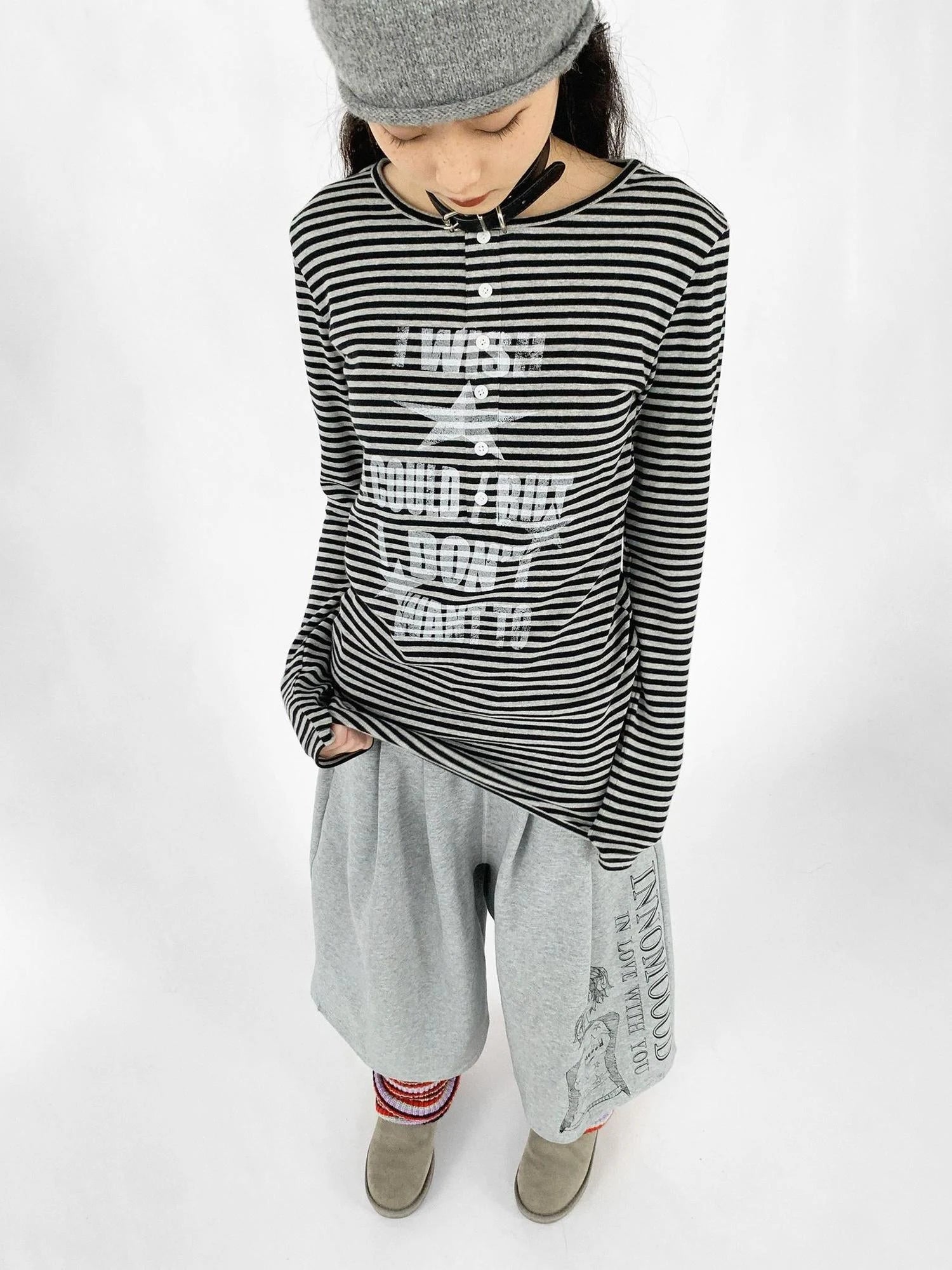 Striped Print Star Long Sleeve Tee Multi Way Stretch Y2K Top