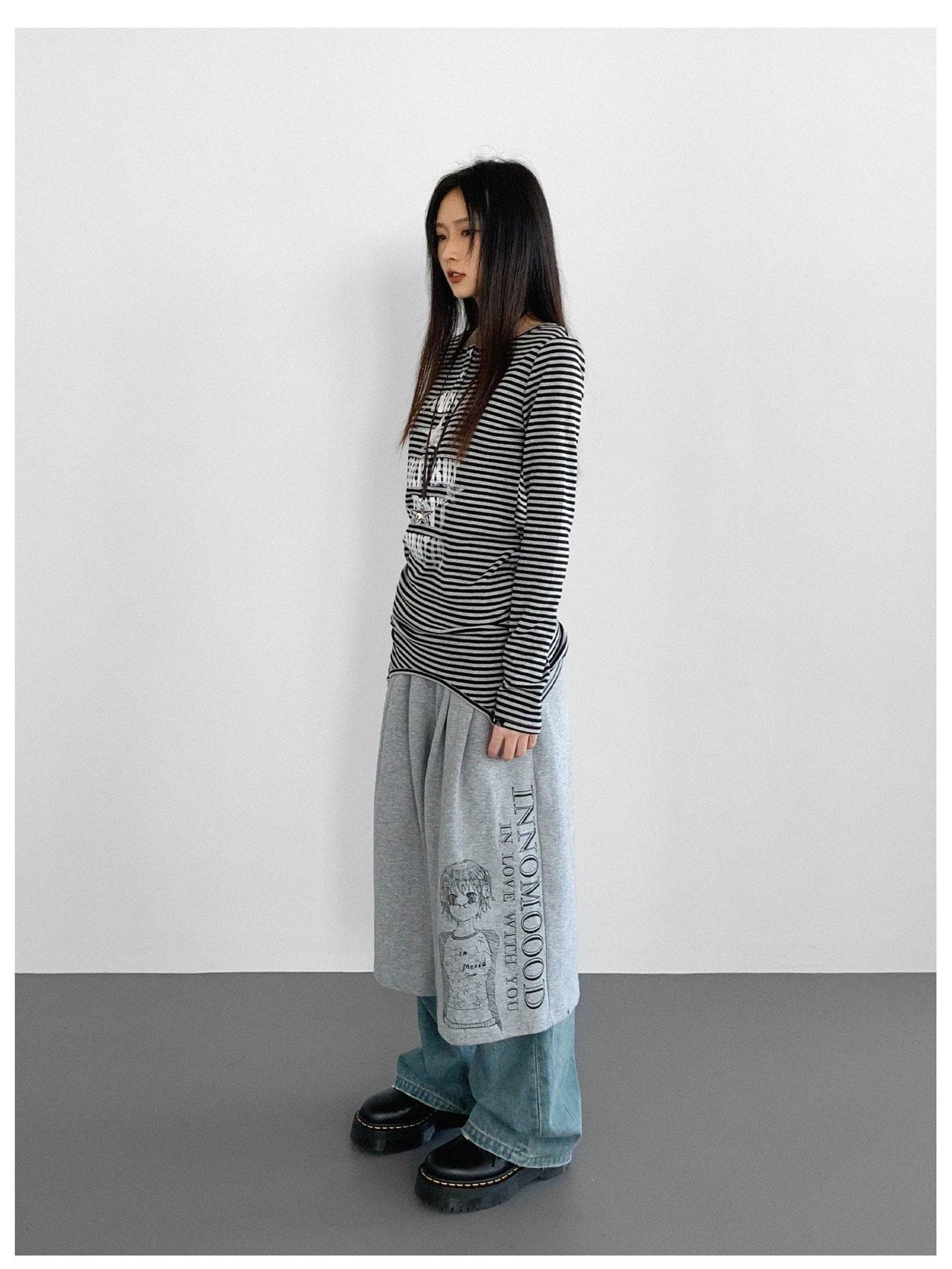 innomoood Striped Print Star Long Sleeve Tee Multi Way Stretch Y2K Top