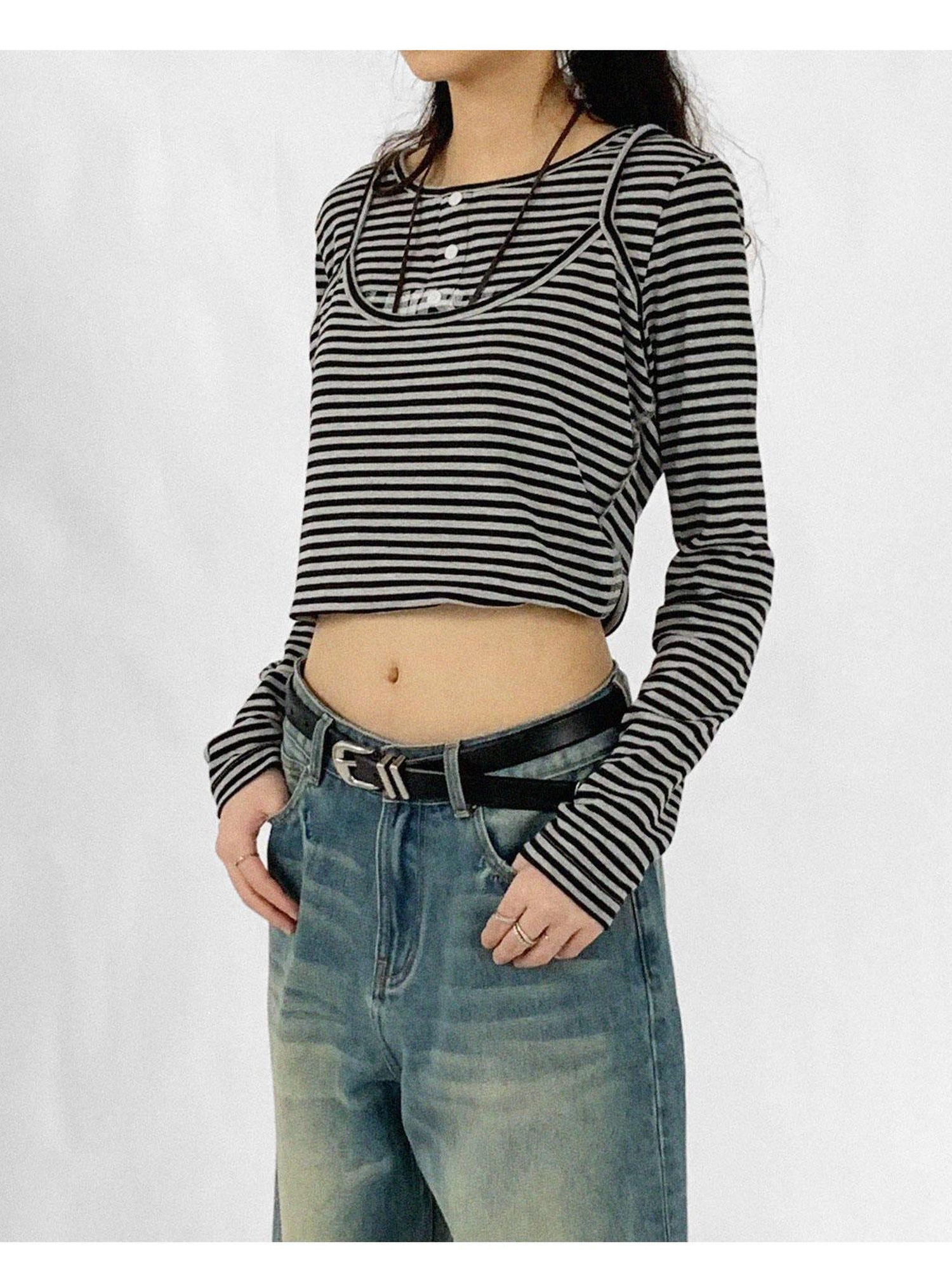 innomoood Striped Print Star Long Sleeve Tee Multi Way Stretch Y2K Top