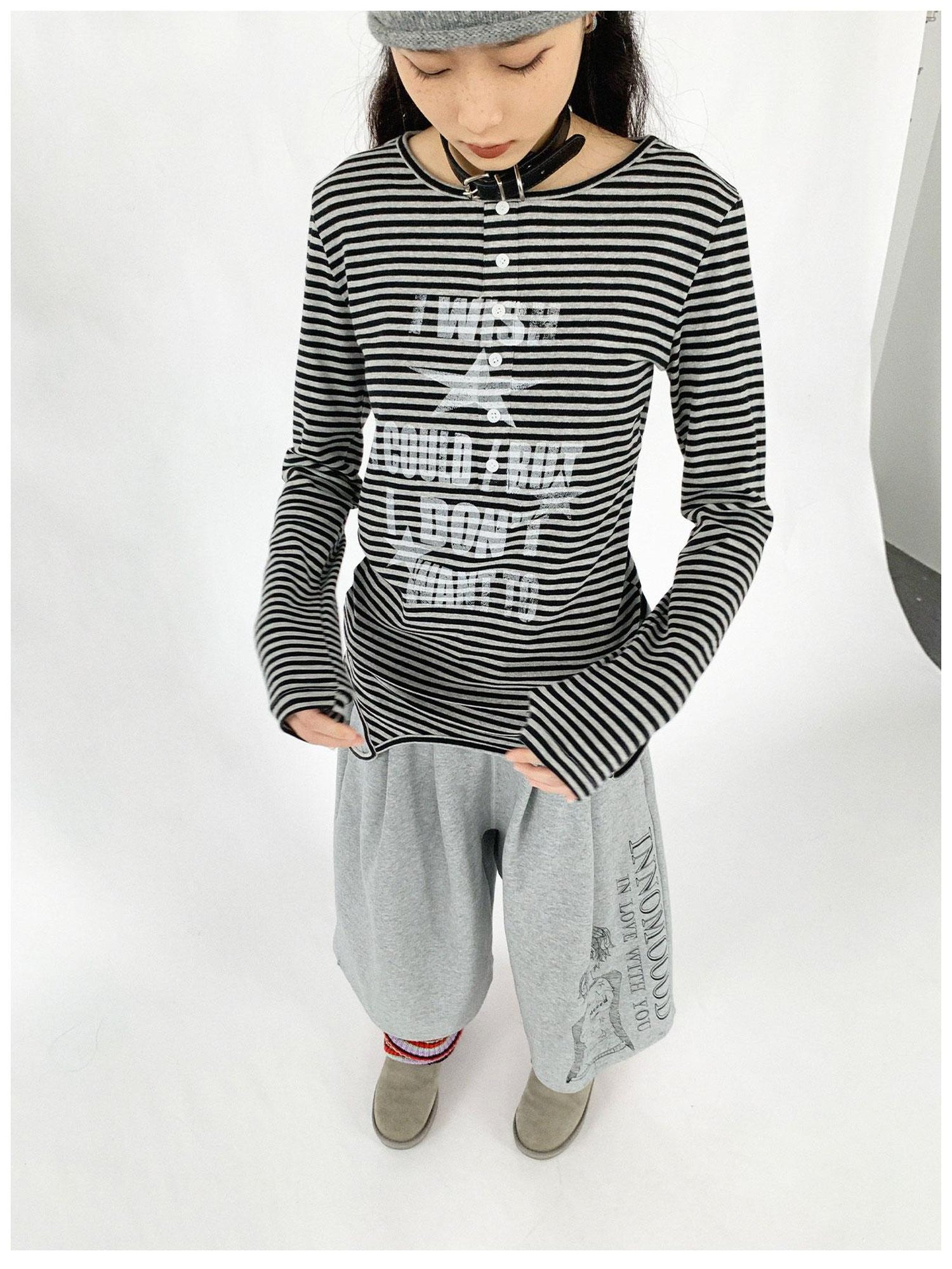 innomoood Striped Print Star Long Sleeve Tee Multi Way Stretch Y2K Top