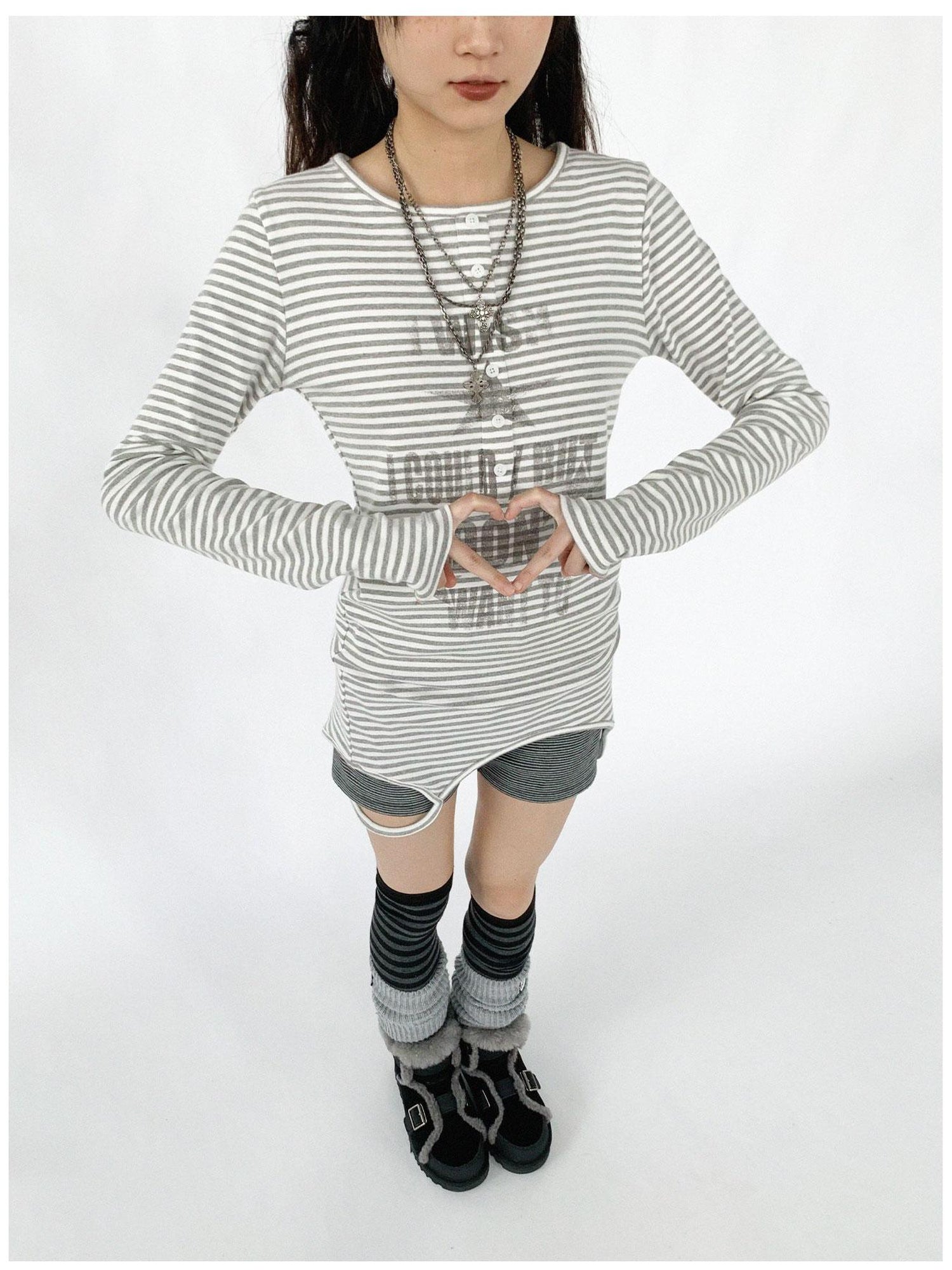 innomoood Striped Print Star Long Sleeve Tee Multi Way Stretch Y2K Top