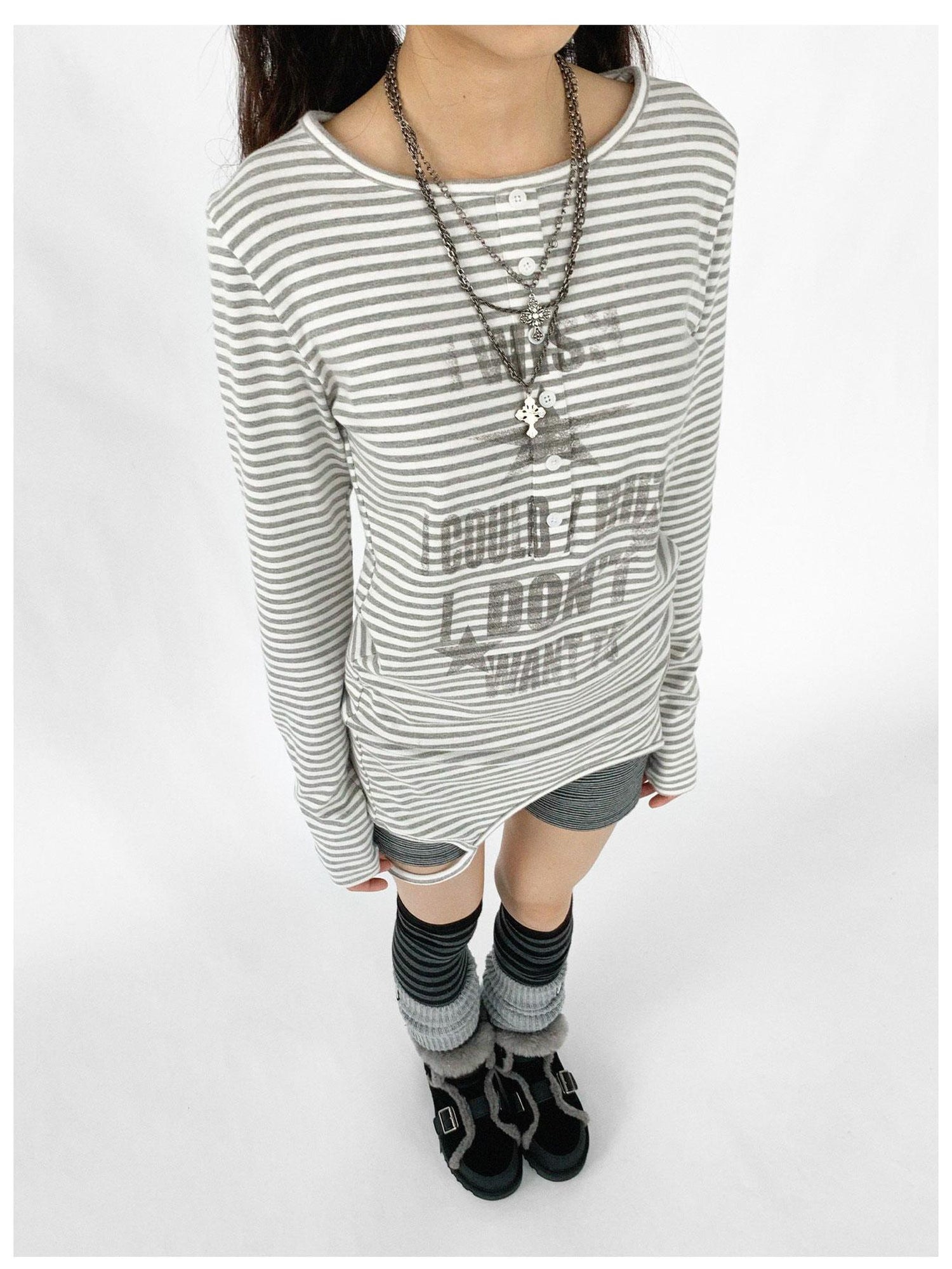innomoood Striped Print Star Long Sleeve Tee Multi Way Stretch Y2K Top