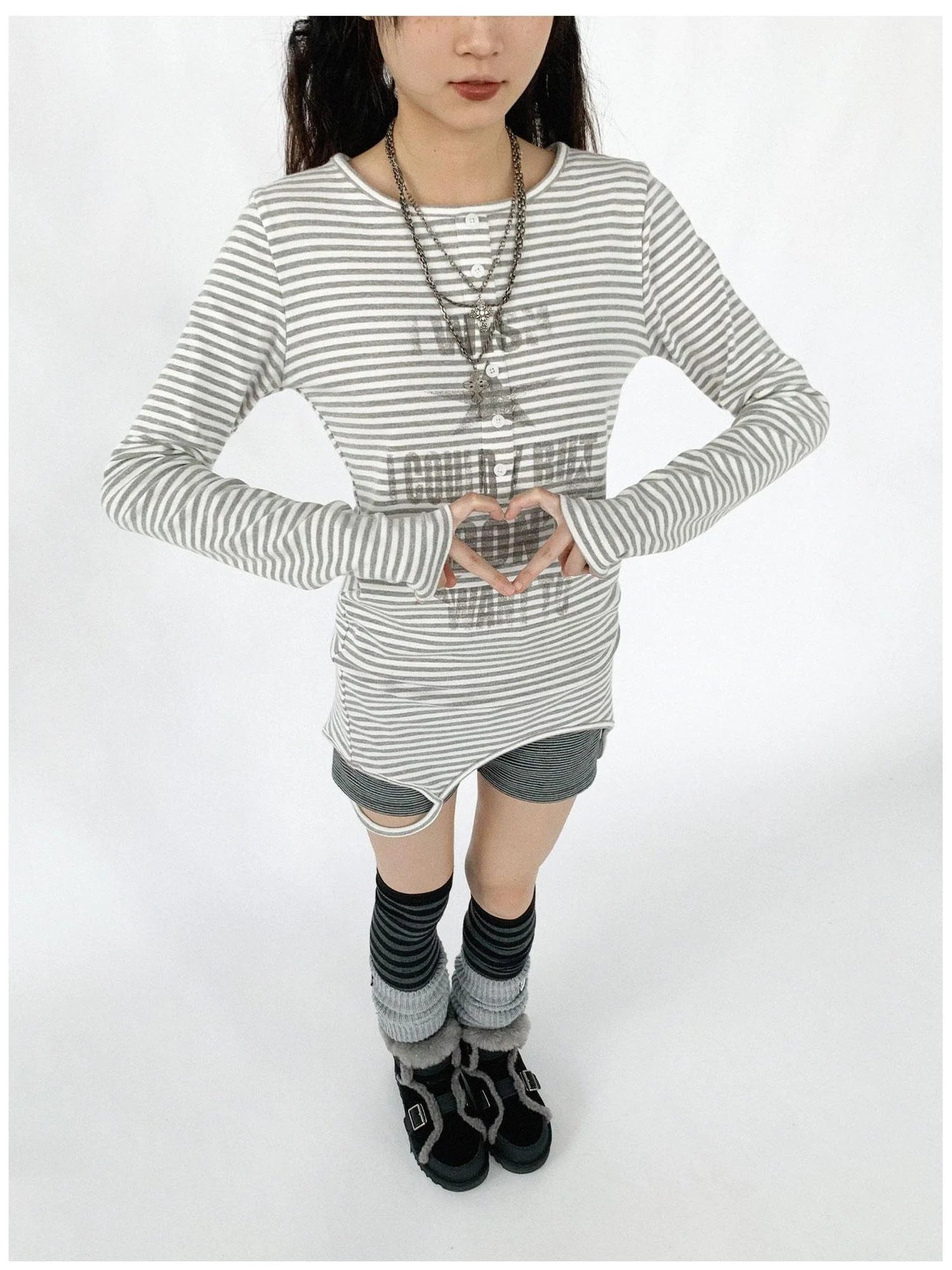 Striped Print Star Long Sleeve Tee Multi Way Stretch Y2K Top