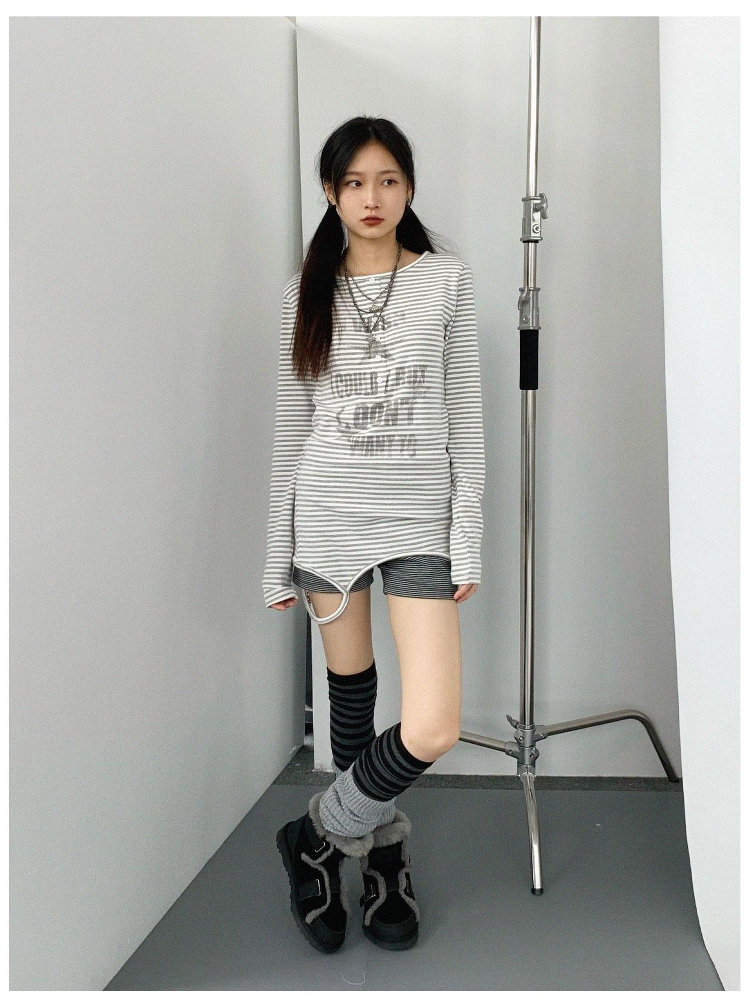 innomoood Striped Print Star Long Sleeve Tee Multi Way Stretch Y2K Top