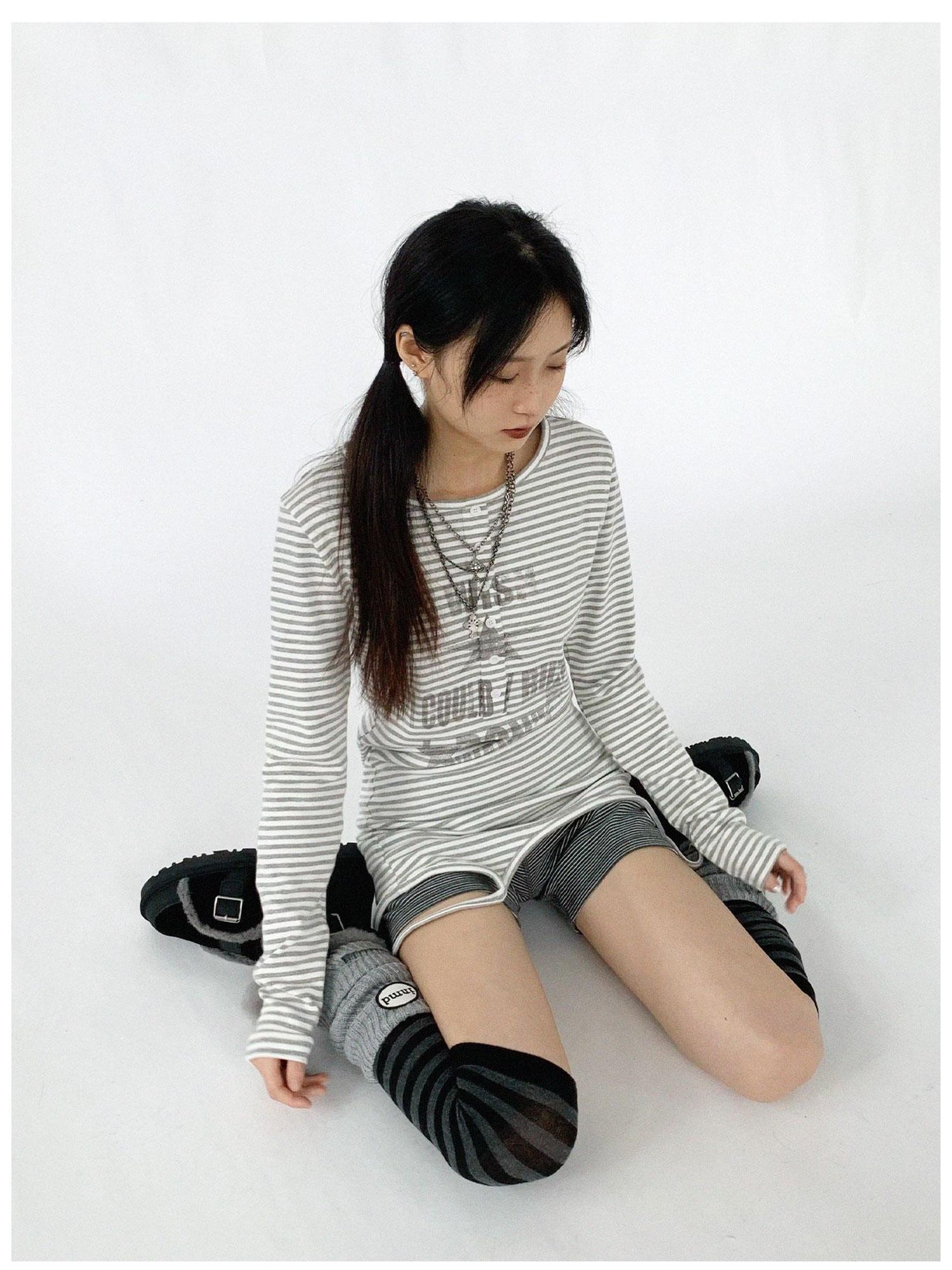 innomoood Striped Print Star Long Sleeve Tee Multi Way Stretch Y2K Top