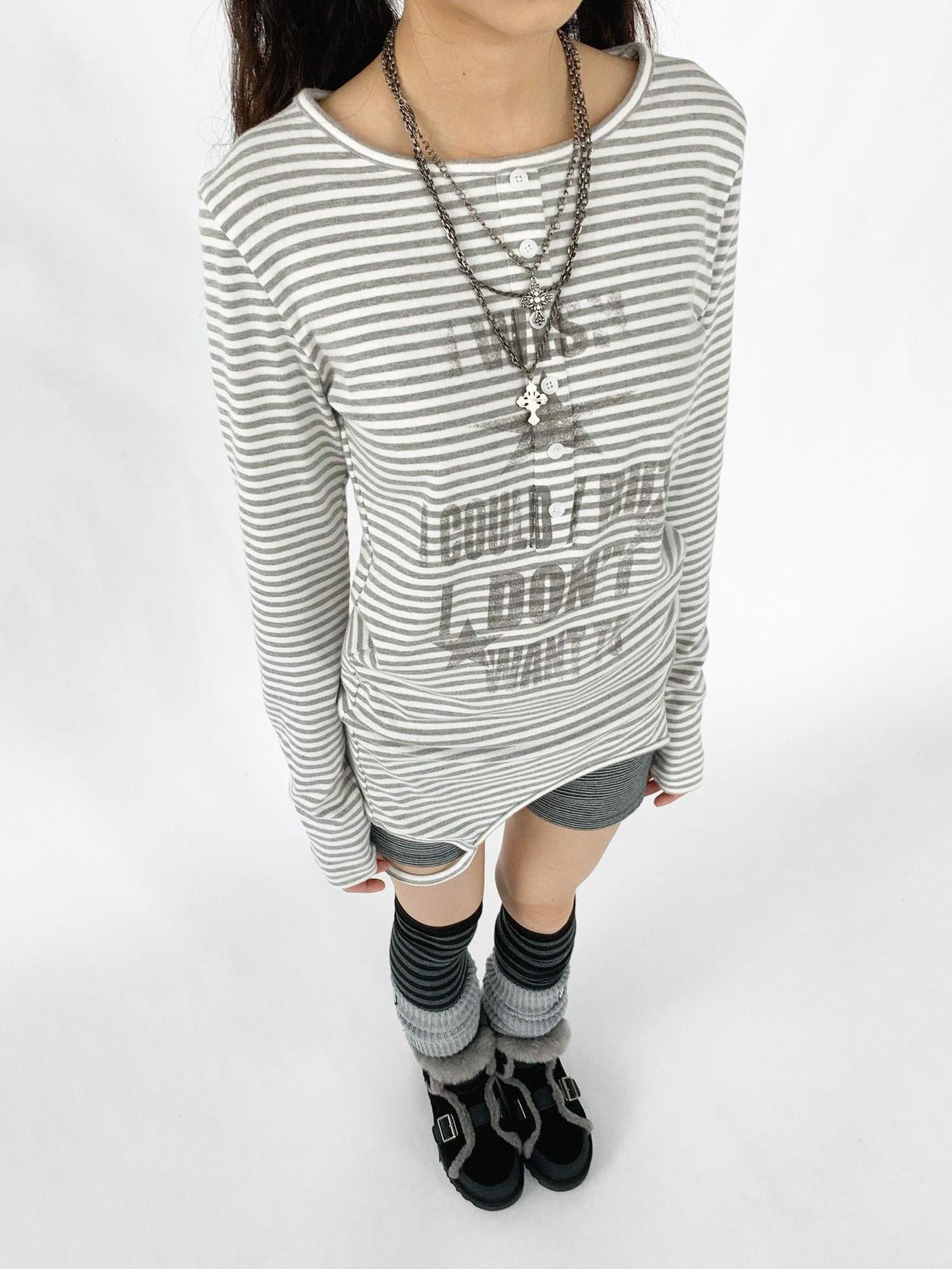 innomoood Striped Print Star Long Sleeve Tee Multi Way Stretch Y2K Top