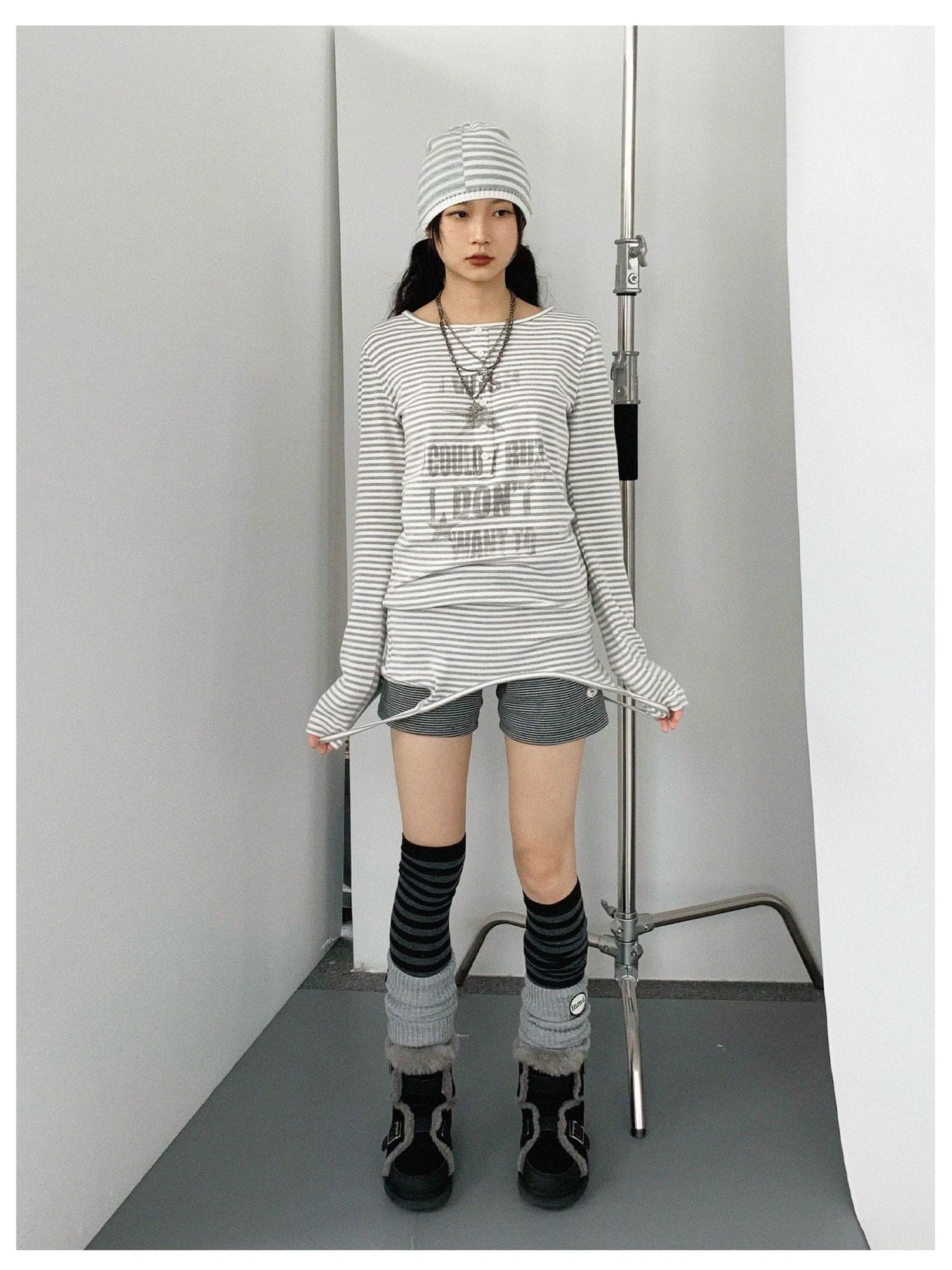 innomoood Striped Print Star Long Sleeve Tee Multi Way Stretch Y2K Top