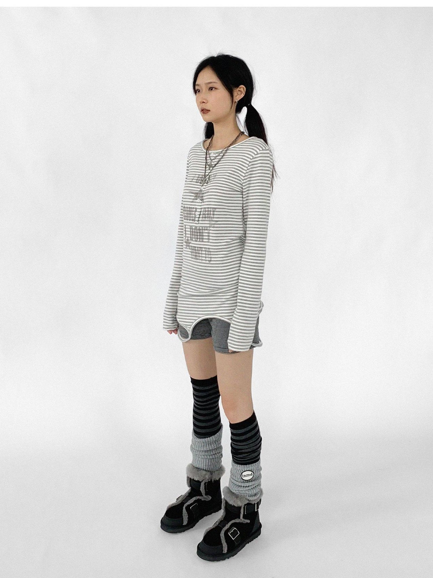 innomoood Striped Print Star Long Sleeve Tee Multi Way Stretch Y2K Top