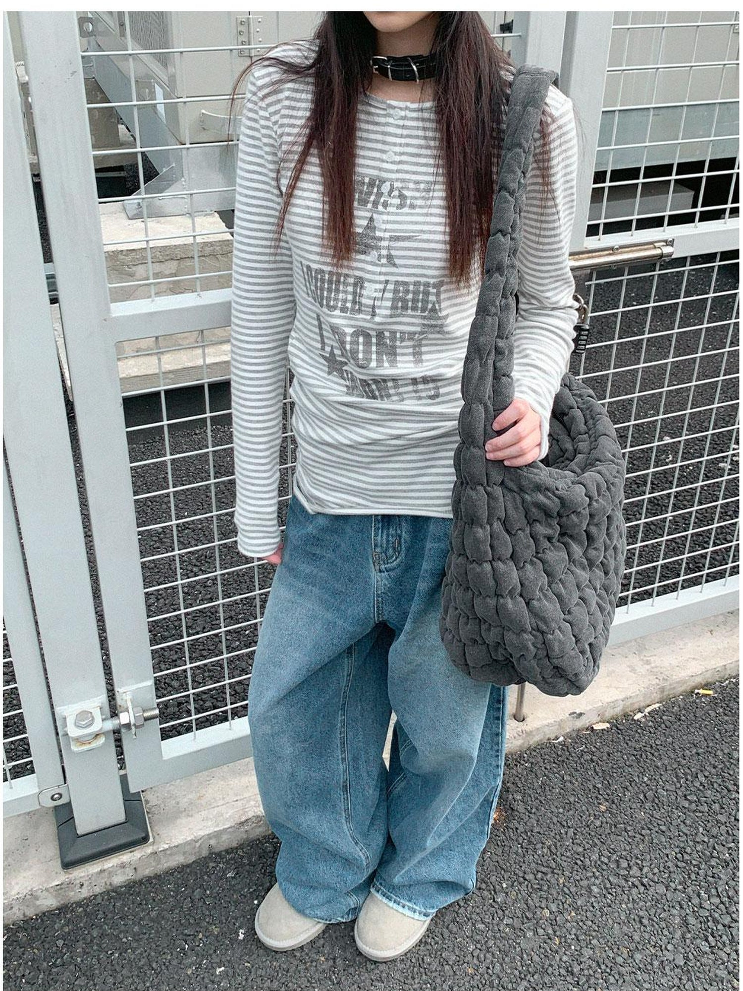innomoood Striped Print Star Long Sleeve Tee Multi Way Stretch Y2K Top