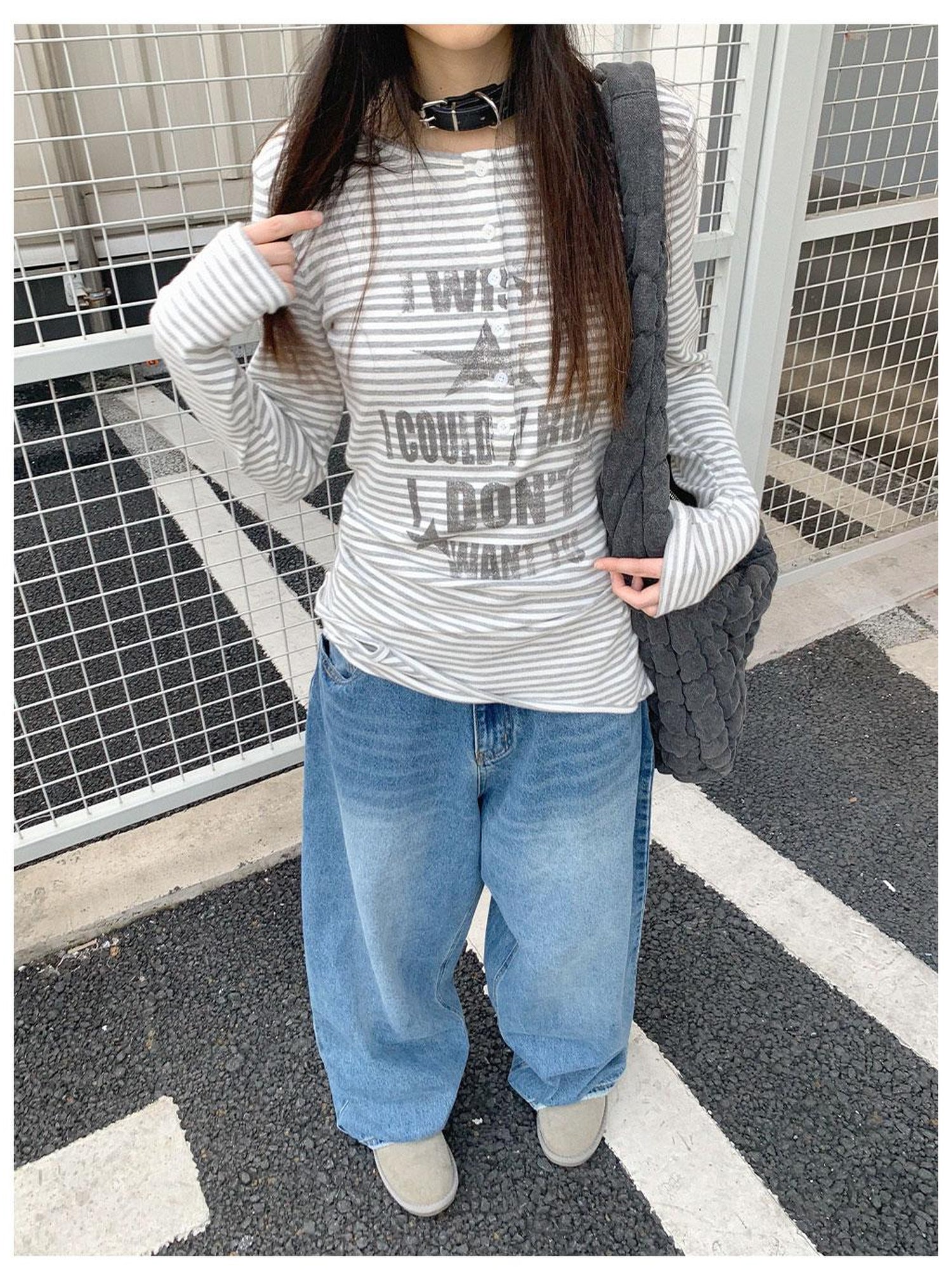 innomoood Striped Print Star Long Sleeve Tee Multi Way Stretch Y2K Top